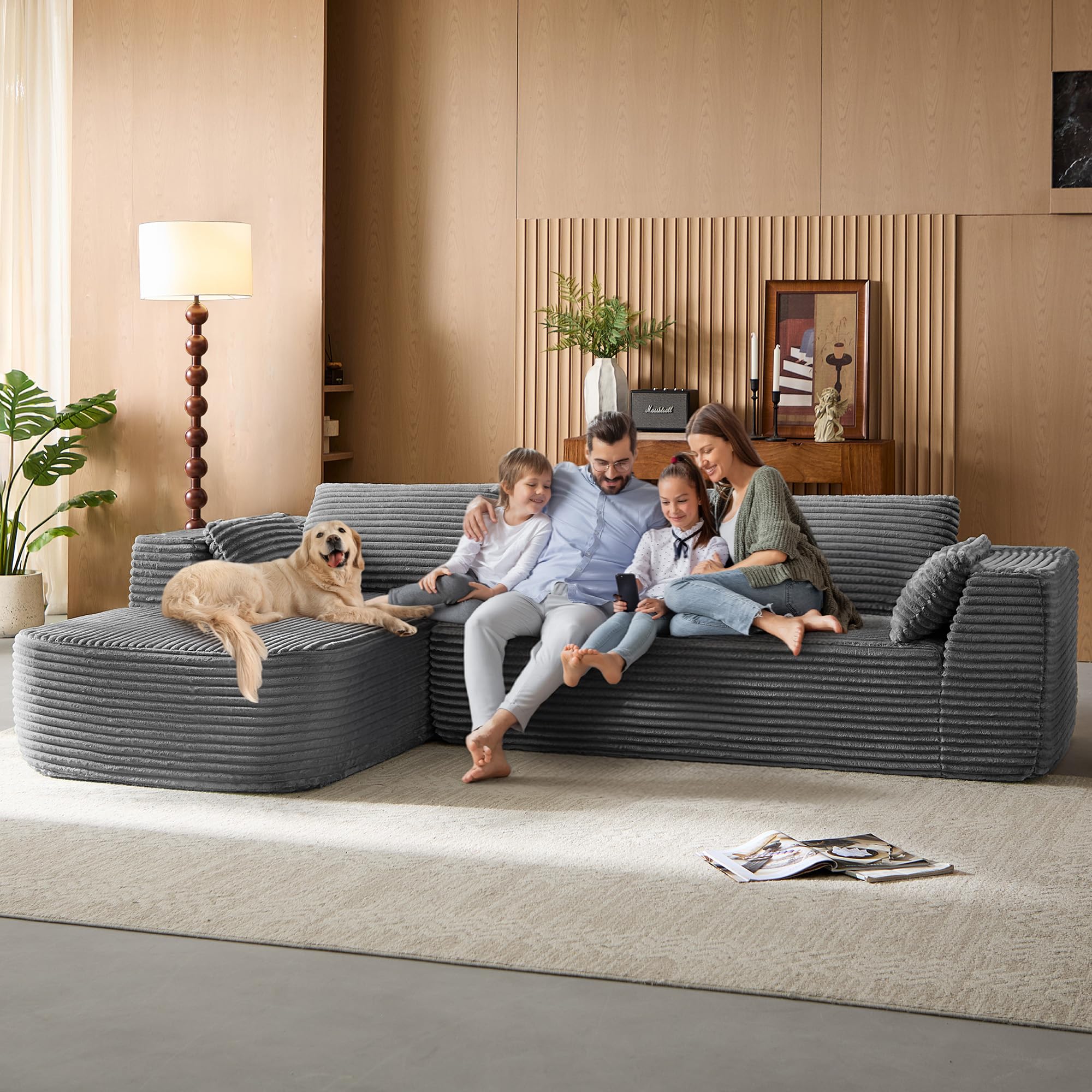 LINSY Home Sofá de Esquina con función de Dormir - Sofá Cama Modular Corduroy de 270 cm, en Forma de L, sofá de 3 plazas con otomana, sofás seccionales para salón, no Requiere Montaje | Sofá en forma de L, sofá de 3 plazas con otomana, sofás seccionales p
