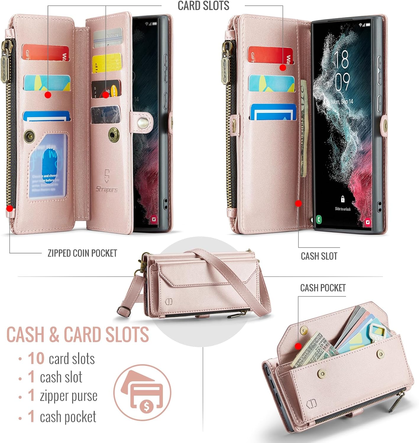 Crossbody Wallet Case Compatible with Samsung Galaxy S22 Ultra 5G RFID Blocking 10-Card Holder Soft PU Leather Magnetic Snap Strap Zipper Pocket Phone Case Fit for Galaxy S22 Ultra - RoseGold - Image 2