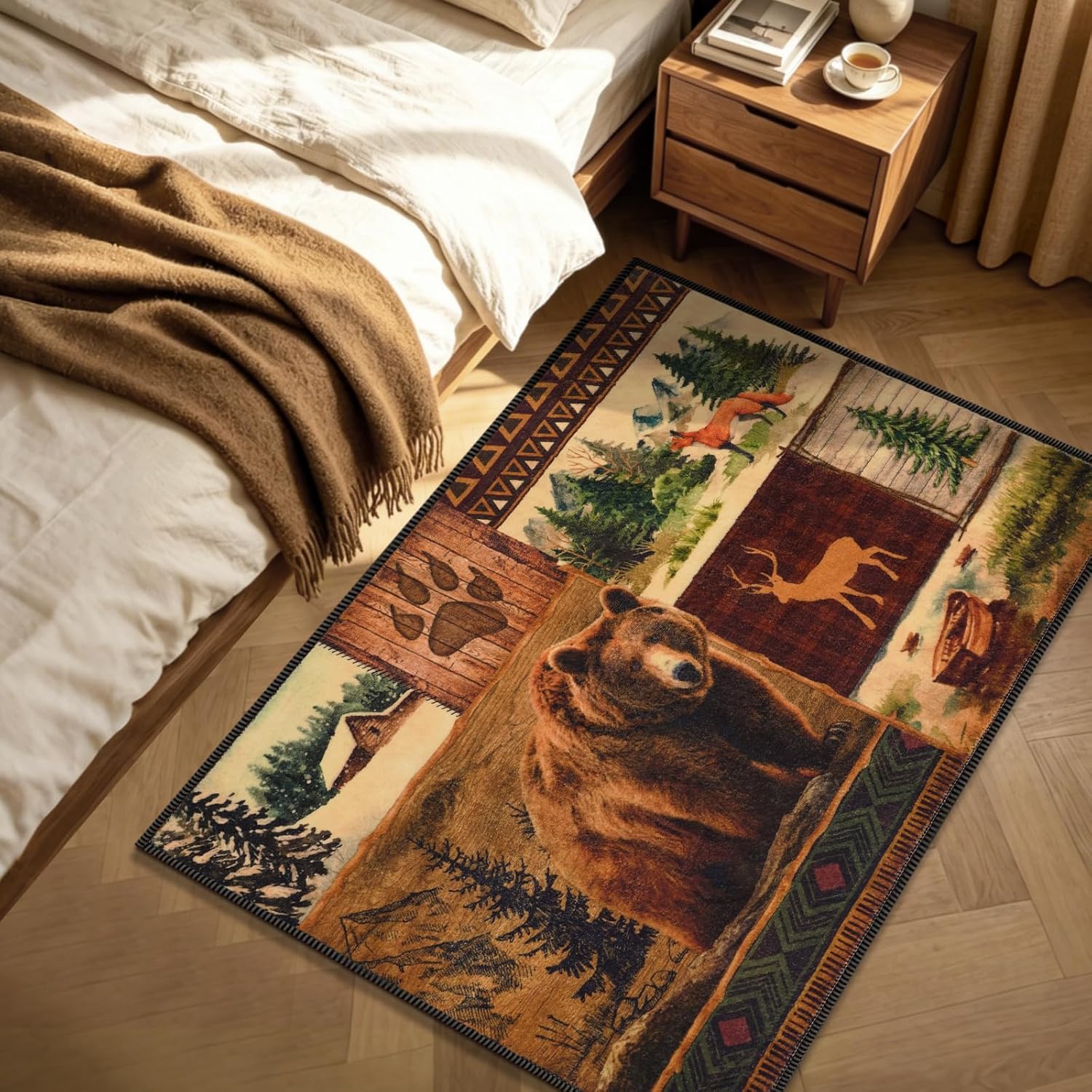ASPMIZ 2x3 Rustic Entryway Rug Non-Slip Washable Indoor Door Mat — Buffalo Plaid Country Log Cabin Bear Deer Fox Design, Vintage Soft Faux Wool Low Pile Floor Carpet for Kitchen