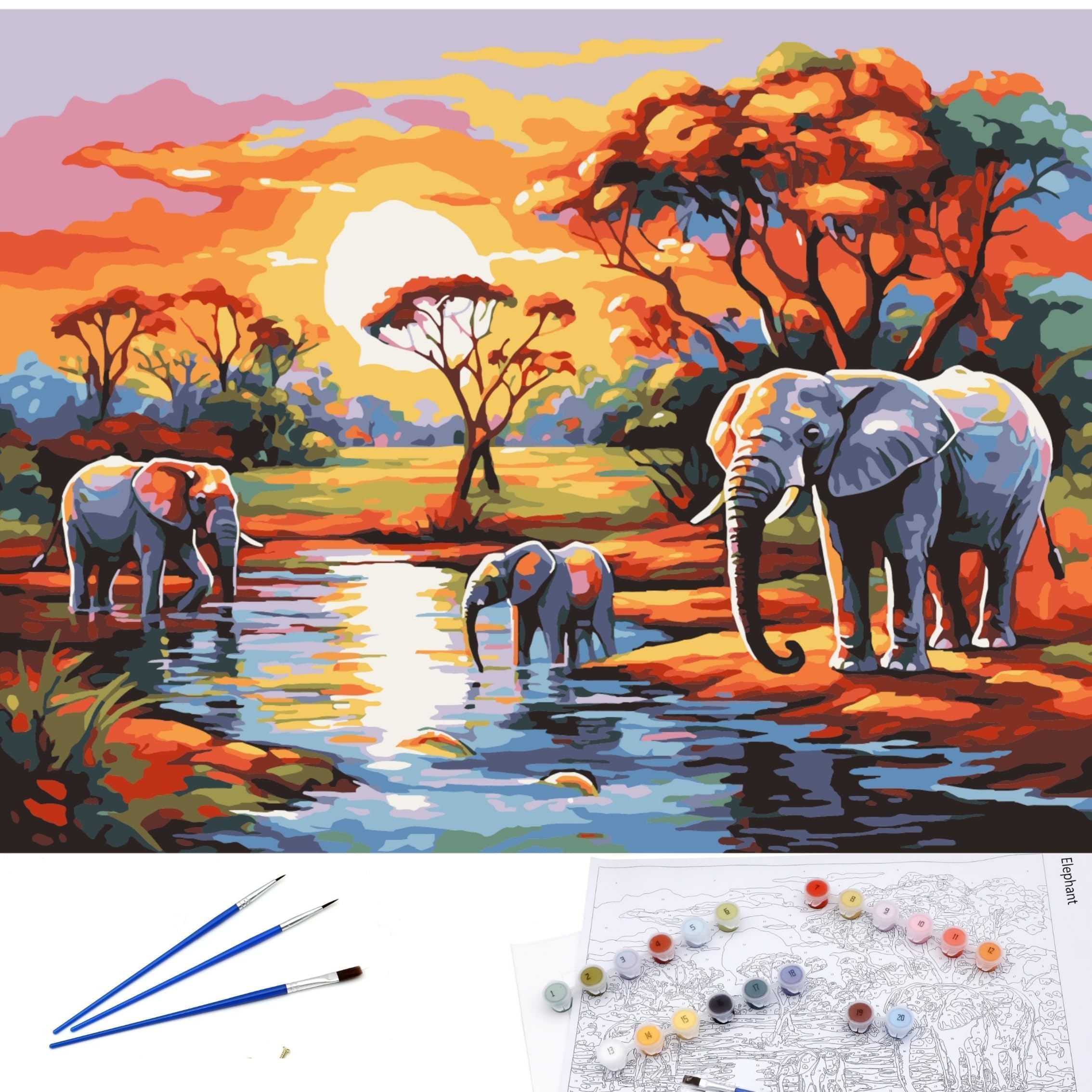 EXERZ Rolled Up Canvas Paint by Numbers Kits 30x40cm Landscape Elephant