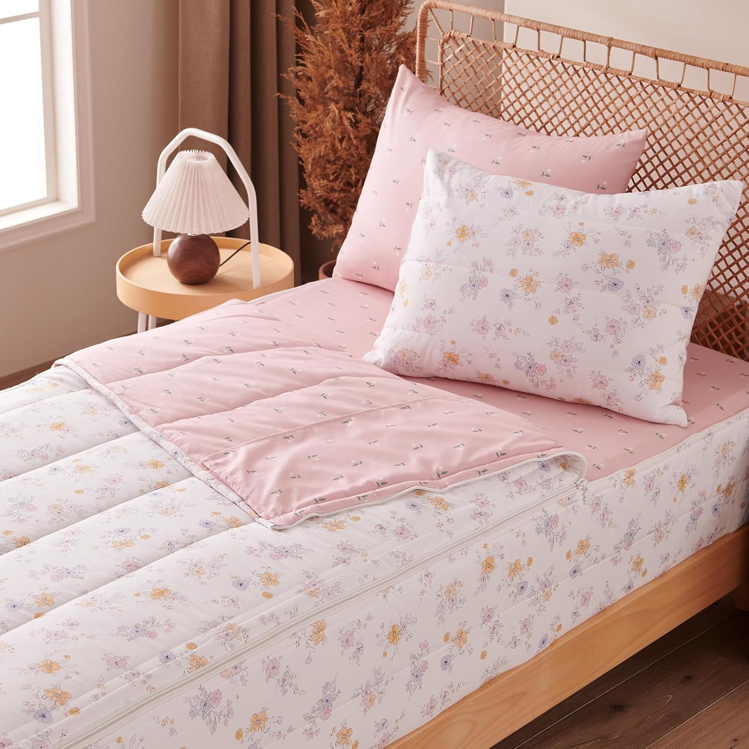 Kids Comforter Sets Floral Printed Zipper Bedding Sets for Girls, 3pcs Pink All in one Bed in a Bag, Easy to Make and Wash Includes Fitted Sheet and Pillow Sham, Twin