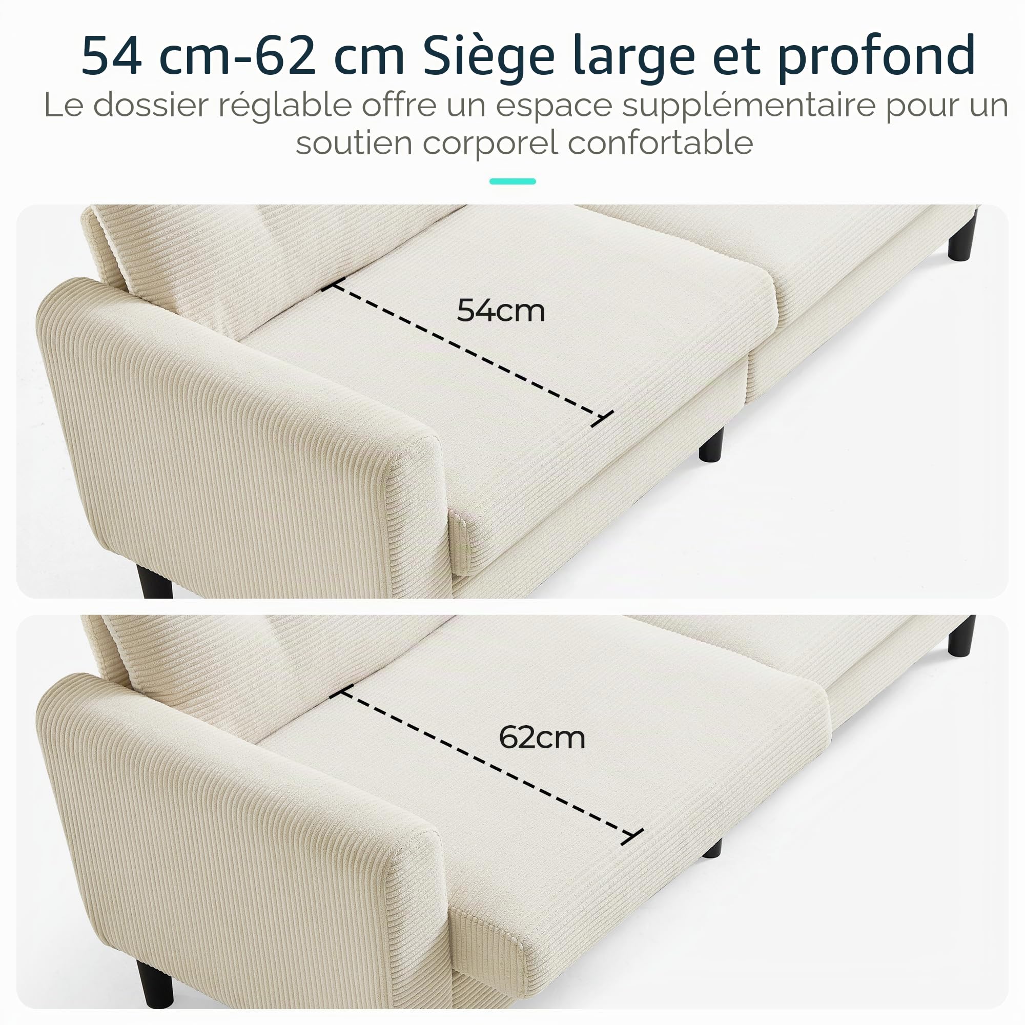 LINSY HOME Canapé 3 Places de 201 cm de Large avec Profondeur d'assise réglable - Petit canapé pour Salon, Chambre à Coucher, Appartement, Bureau - Beige