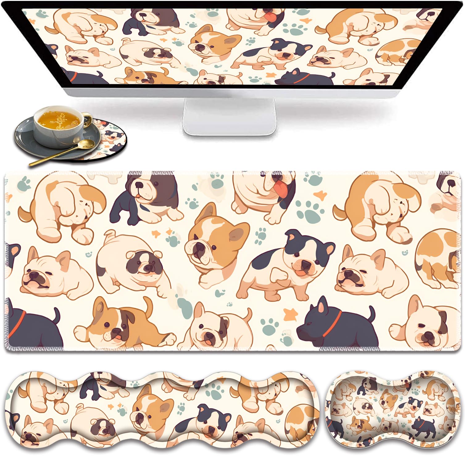 Large Gaming Mouse Pad, Keyboard Wrist Rest Pad + Mouse Wrist Pad + Coaster 4 in 1 Set, Extended Waterproof Non-Slip Desk Mat, Suitable for Office