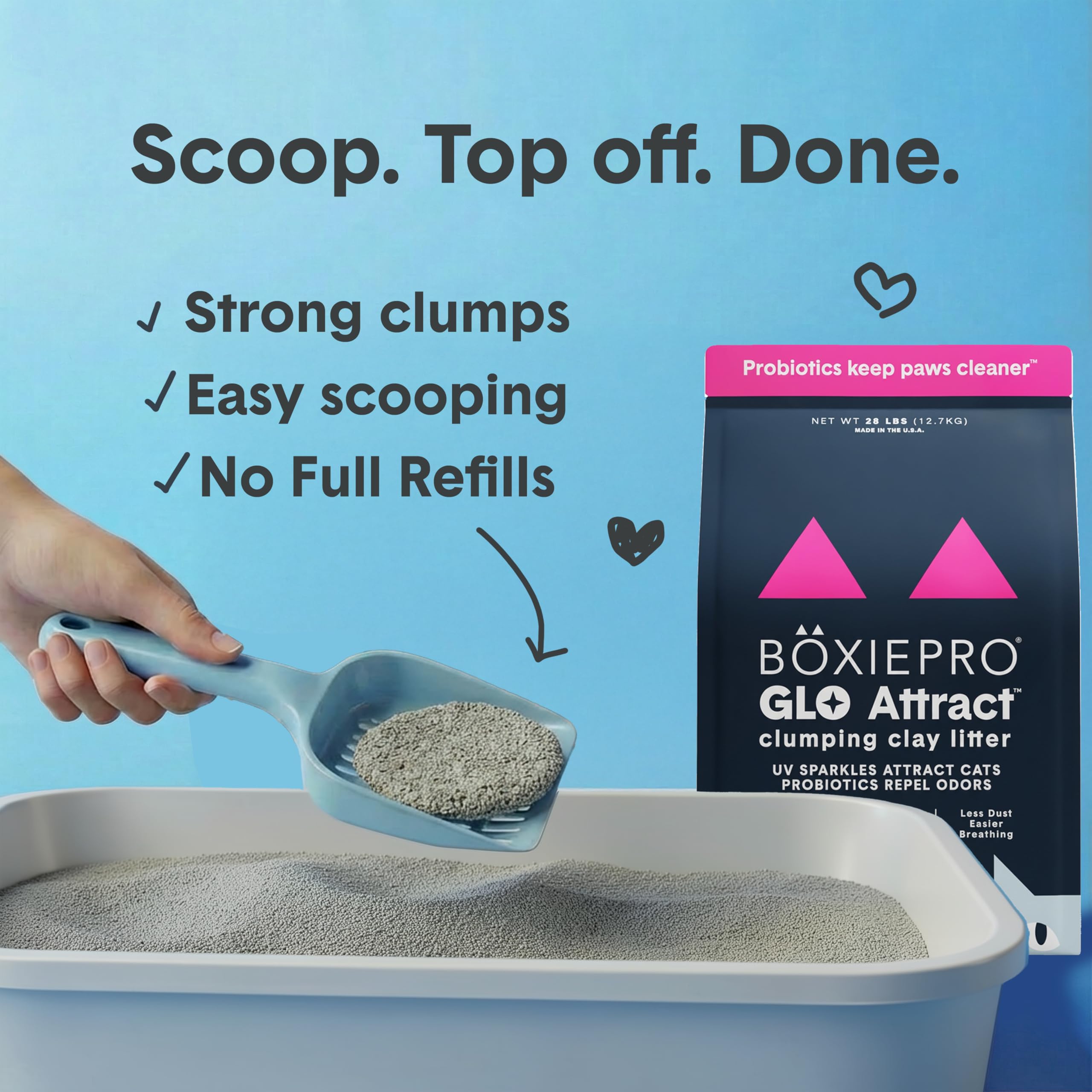 Boxie® GLO™ - Arena para Gatos de Arcilla aglutinante para 30 días, 40 Libras, Multi-Gato, 99.9% Libre de Polvo, bajo Seguimiento, atrayente de luz UV, aglutinante Superior para una fácil Recogida