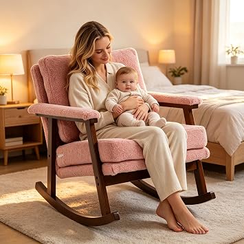 Teddy Nursery Rocking Chair 30 Rocking, Upholstered Wood Frame, Light Pink