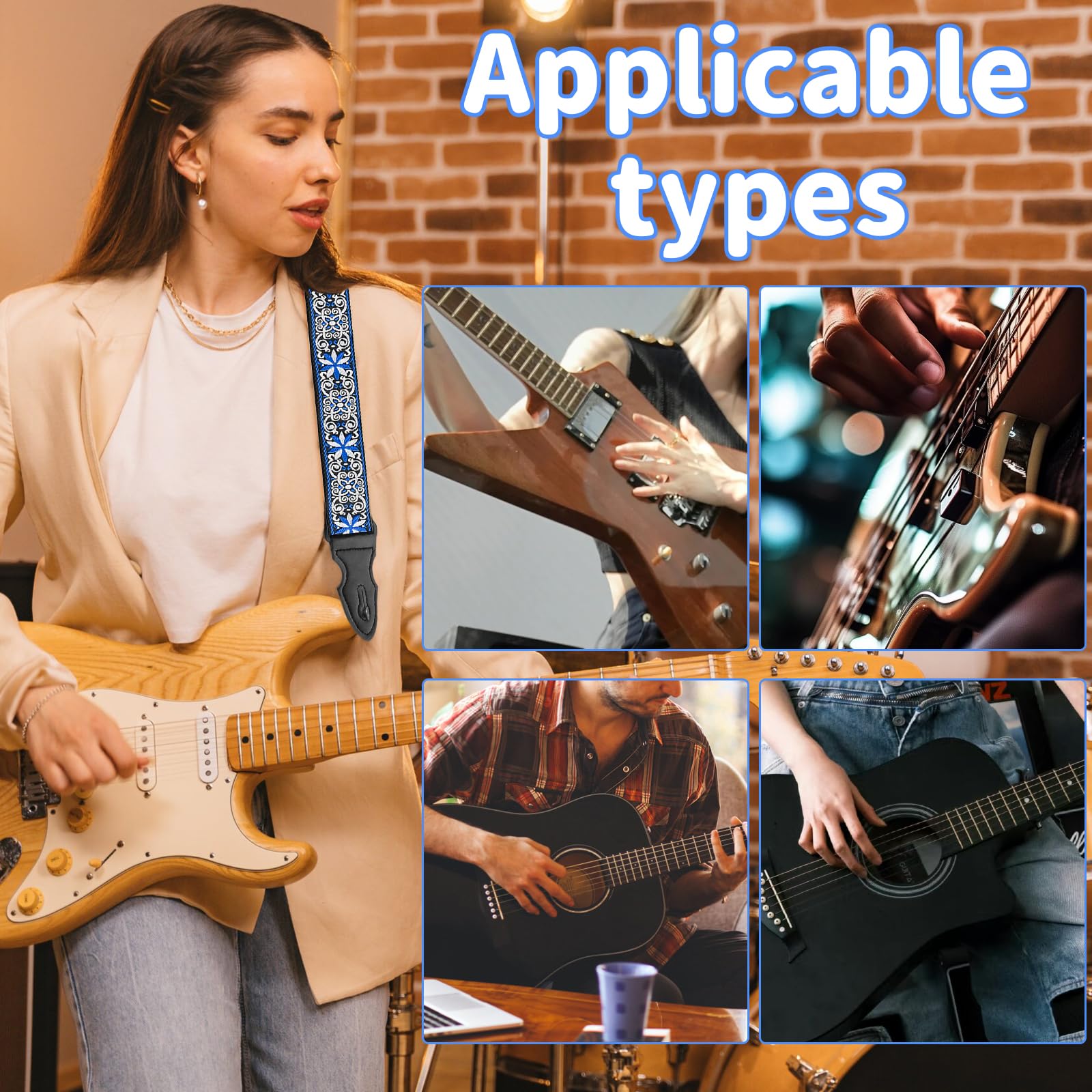 Feibety Guitar Strap Retro Jacquard Embroidery,Nylon Personalised Locks Acoustic Guitar Strap for Acoustic,Classical,Electric and Bass Guitars,Best Gifts for Adult & Kids,Guitarists - Image 4