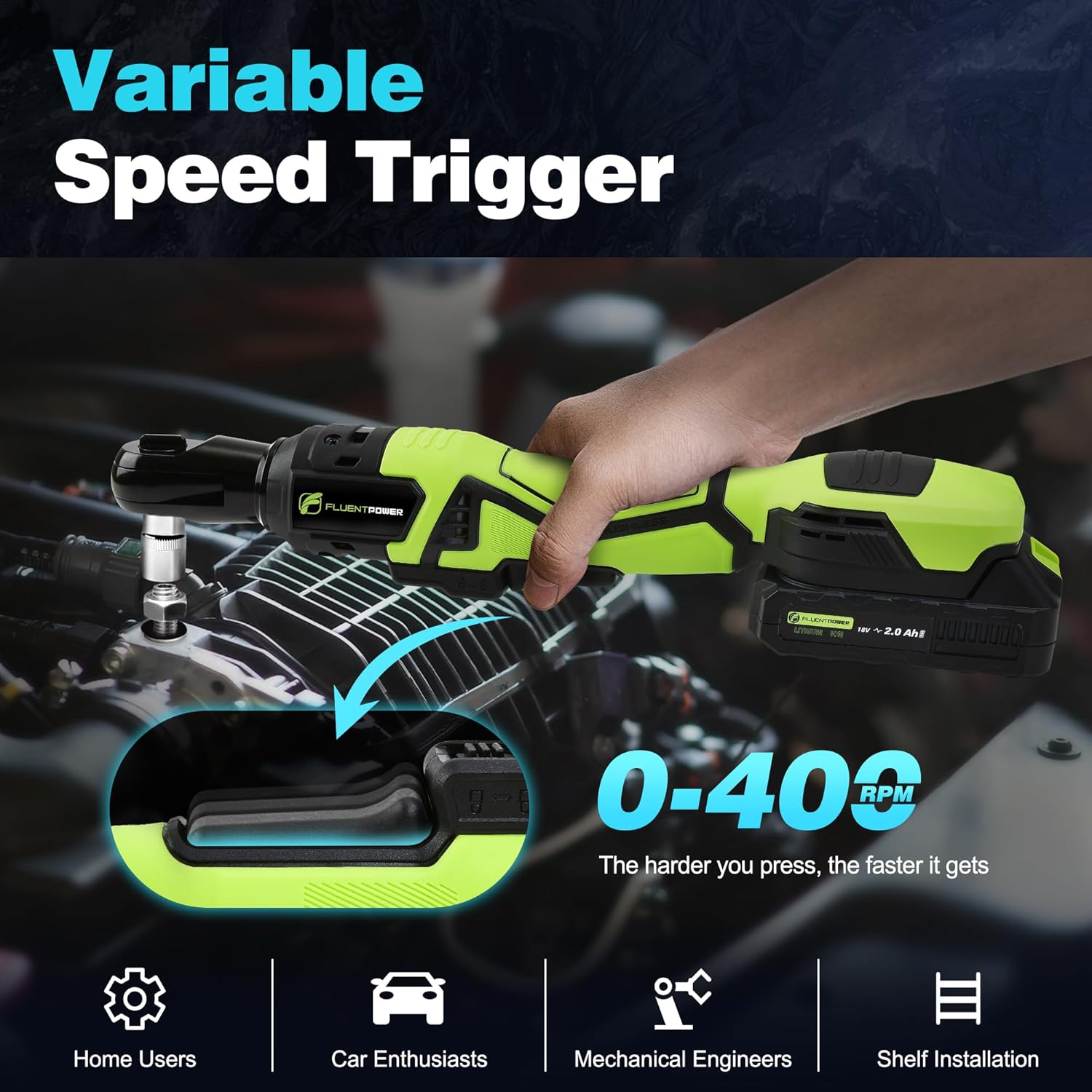 FLUENTPOWER 3/8" Cordless Electric Ratchet Wrench Set, 74 ft-lbs(100Nm) 400 RPM 18V Brushless Power Tools Kit with Variable Speed, 2x2.0Ah Battery&Charger, LED Light, 8 Sockets, 1/2"&1/4" Adapters