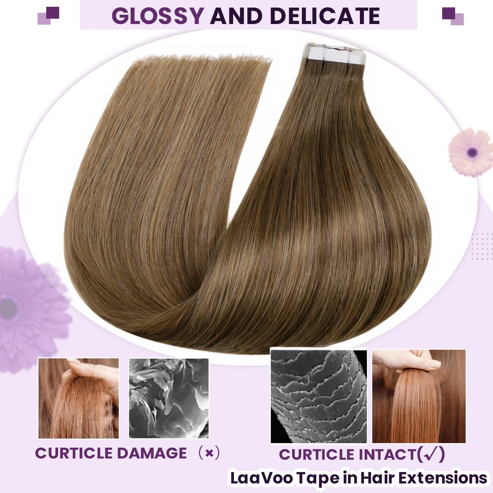 LaaVoo Tape in Hair Extensions Human Hair 50g Tape Hair Extensions Real Human Hair Invisible Tapes Remy Straight Balayage Light Brown to Blonde Hair Double Sided Tabs 20pcs 18 Inch #8/16/8 - Image 4