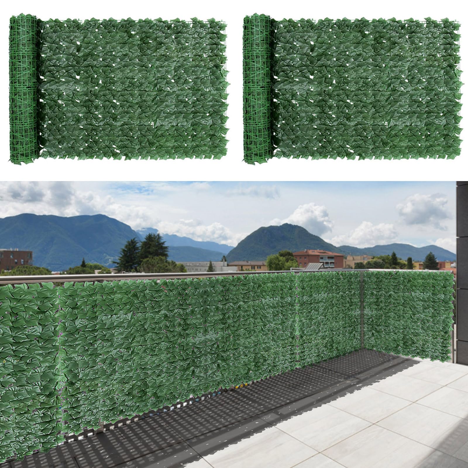 Künstlicher Efeu Balkon Sichtschutz, 1x3m Künstliche Efeu Sichtschutz für Balkon Terrasse Zaun, Künstliche Blätter Sichtschutz Ausziehbar Dekoration Balkonsichtschutz für Gartenhecken (2PCS)