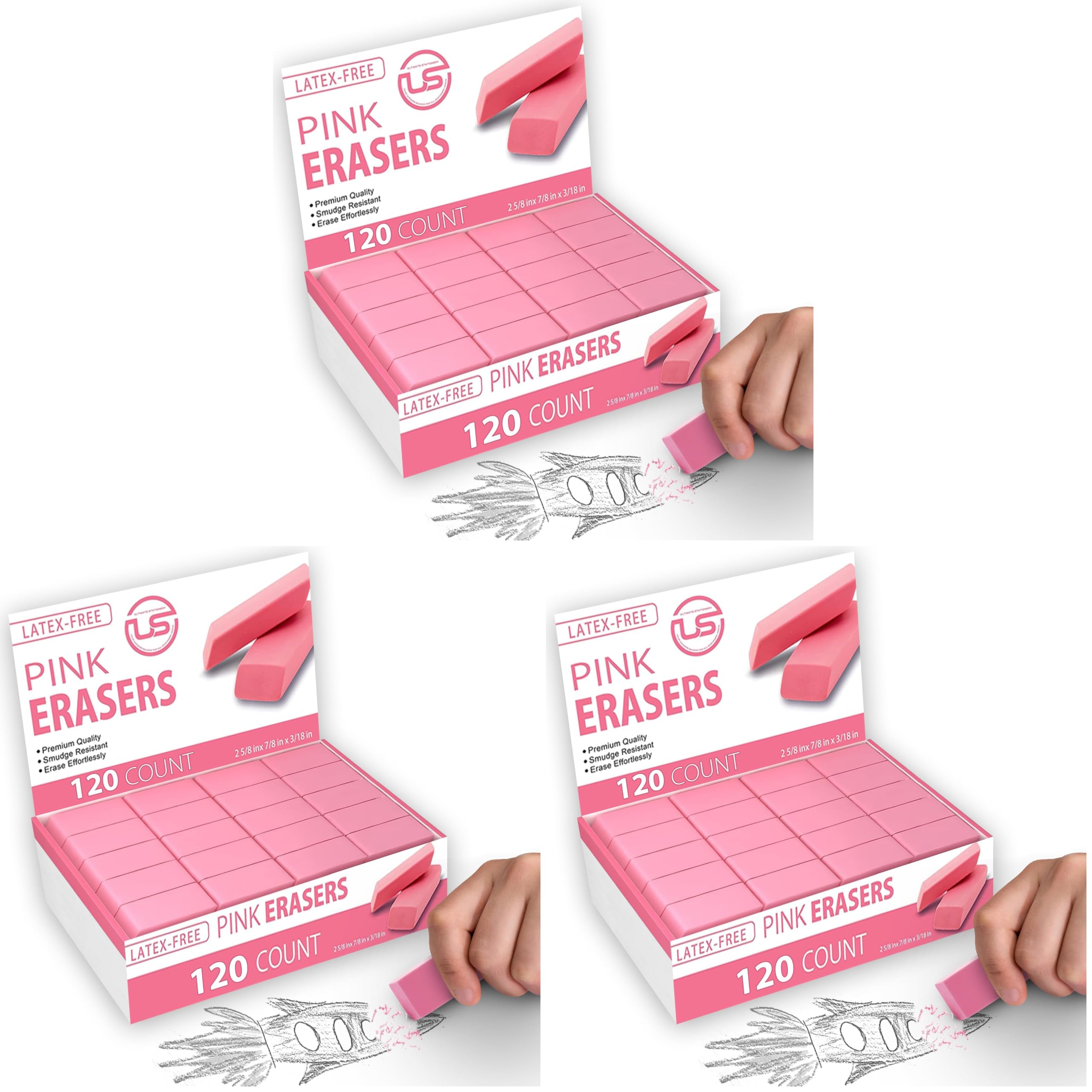 Pink Erasers, 120 Count Rectangular Eraser Bulk Pack, Latex Free Pink Pearl Erasers for School Supplies, Art and Office (Pack of 3)