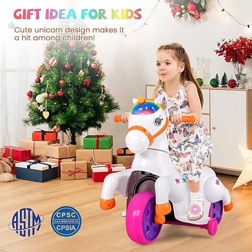 Miniatura 7 de HONEY JOY Juguetes de unicornio de 12 V, 3 ruedas, motorizado, con ruedas de entrenamiento, música, arriba y abajo, auto eléctrico de pony para