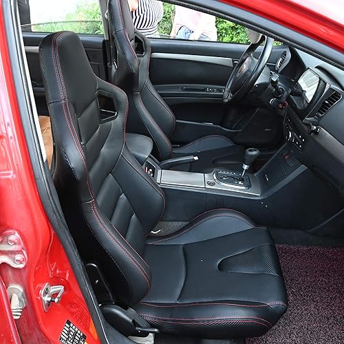 Miniatura 2 de Asientos de carreras, 2 asientos universales de cuero de PVC, asientos deportivos ajustables con deslizadores (costuras de color negro y rojo)