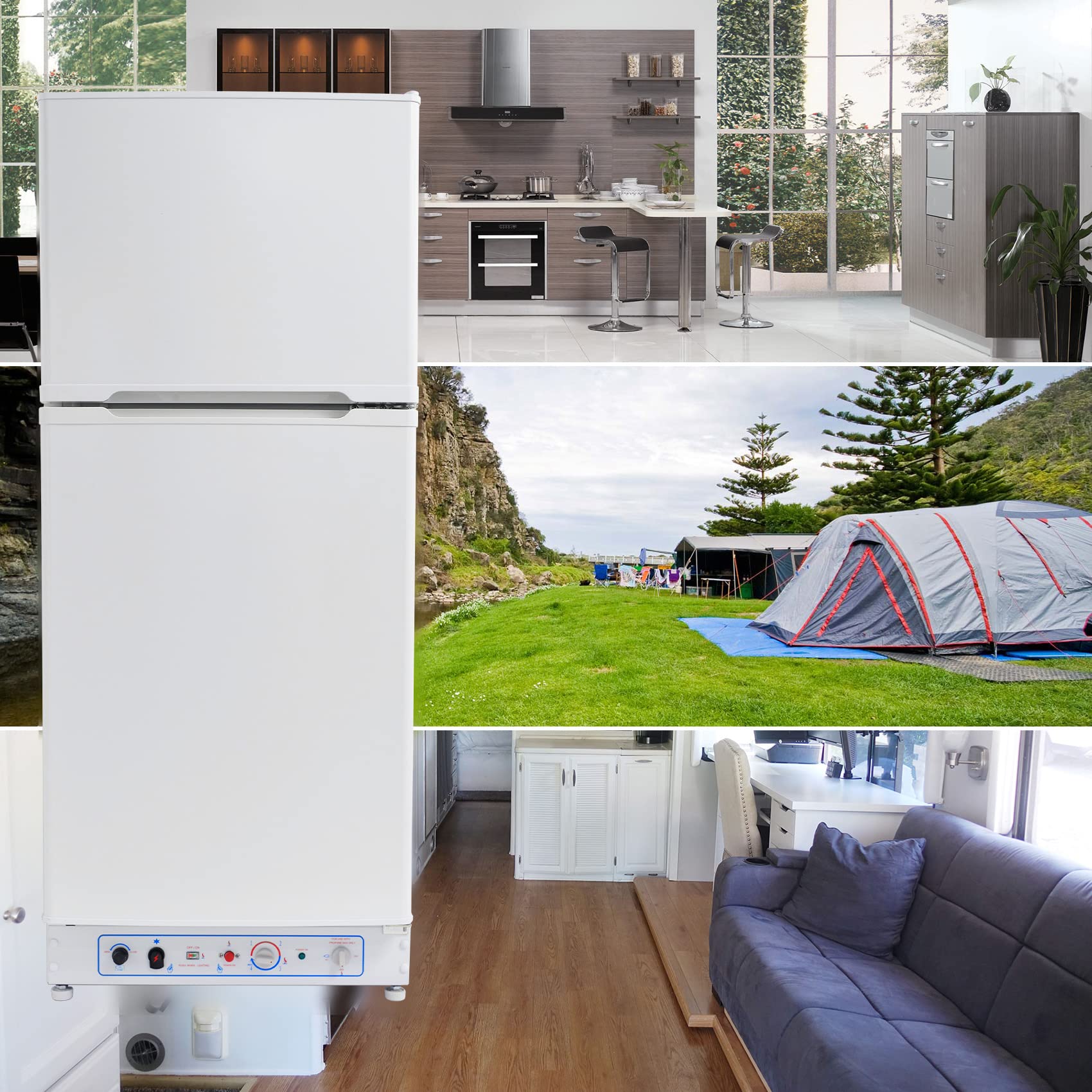 Gas Kühlschrank mit Gefrierfach, 185L, Kühl-Gefrier-Kombinationen, Gas/230V, Kühlschrank Groß für Küche, Outdoor, Wohnmobil, Reisen, Weiß
