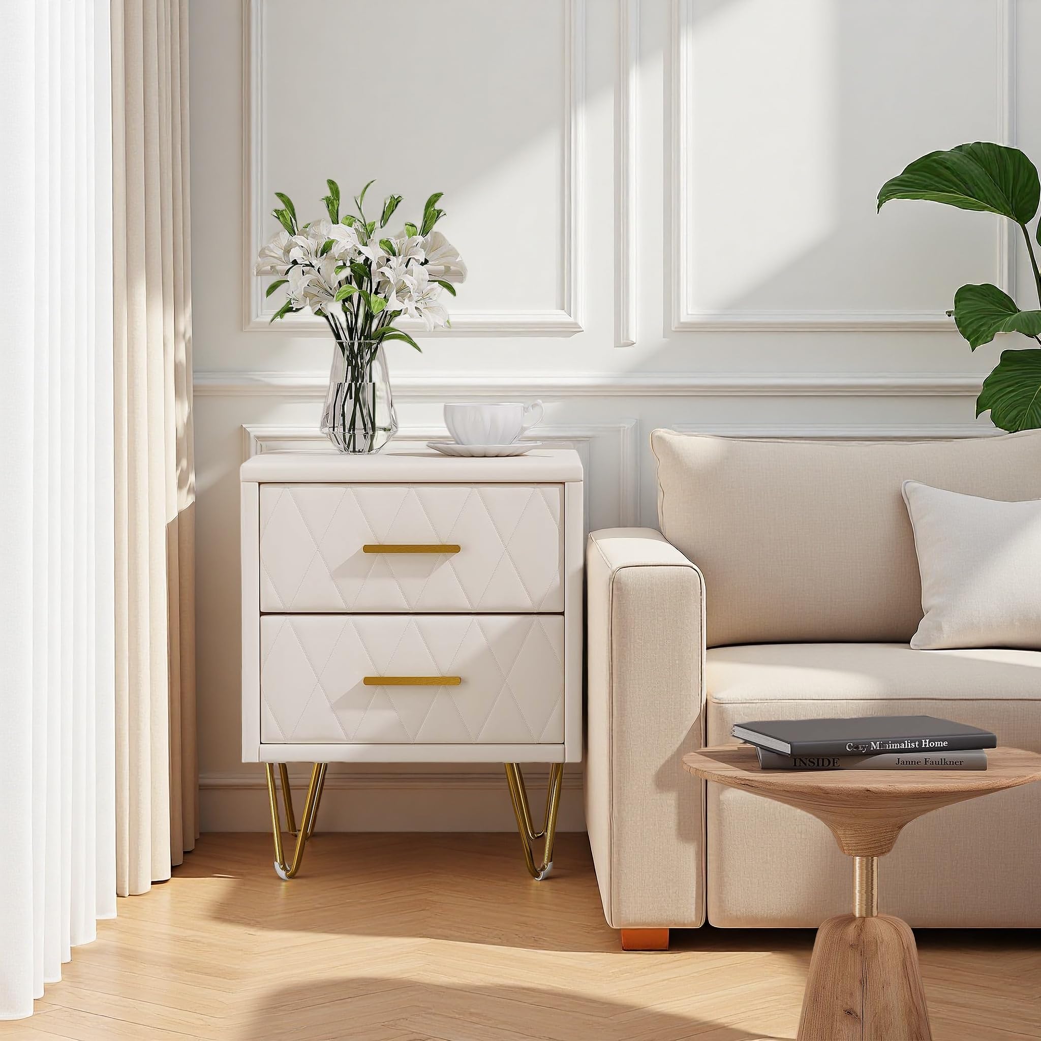 Comodino con 2 cassetti, superficie in pelle, tavolino con piedini e maniglie in metallo per camera da letto, soggiorno, 41 x 35,5 x 51 cm (beige PU+2 cassetti, 2 unità)