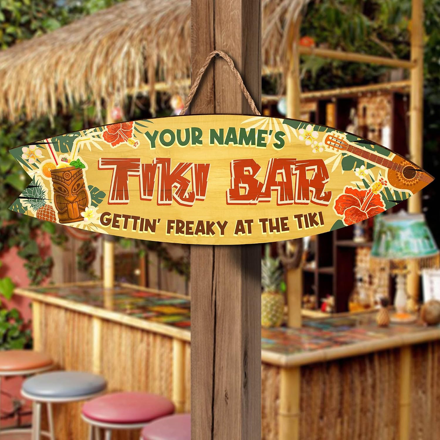 Custom Tiki Bar Wooden Sign Door Wall Plaque, Lounge & Poolside Bar Decorations for Backyard, Porch, Deck, Patio, Garden & Firepit, Personalized Gifts for Family