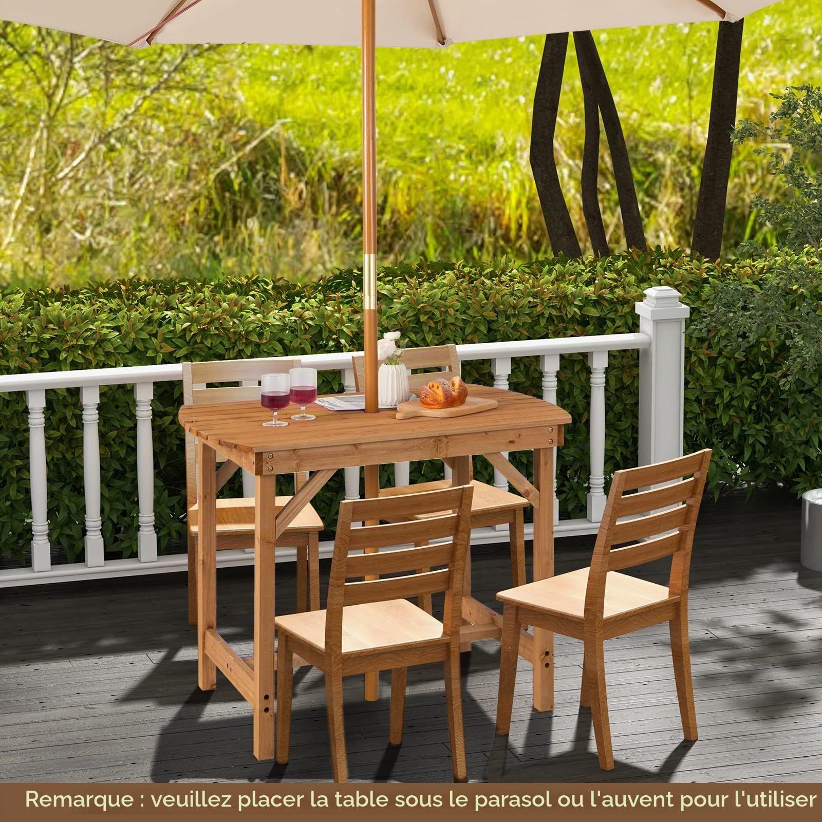 KOMFOTTEU Table de Jardin pour 4-6 Personnes, Table d’Extérieur en Bois de Sapin avec Trou de Parasol, pour Patio, Balcon,Terrasse, Charge de 180 kg, 100 x 60,5 x 75 cm, Naturel