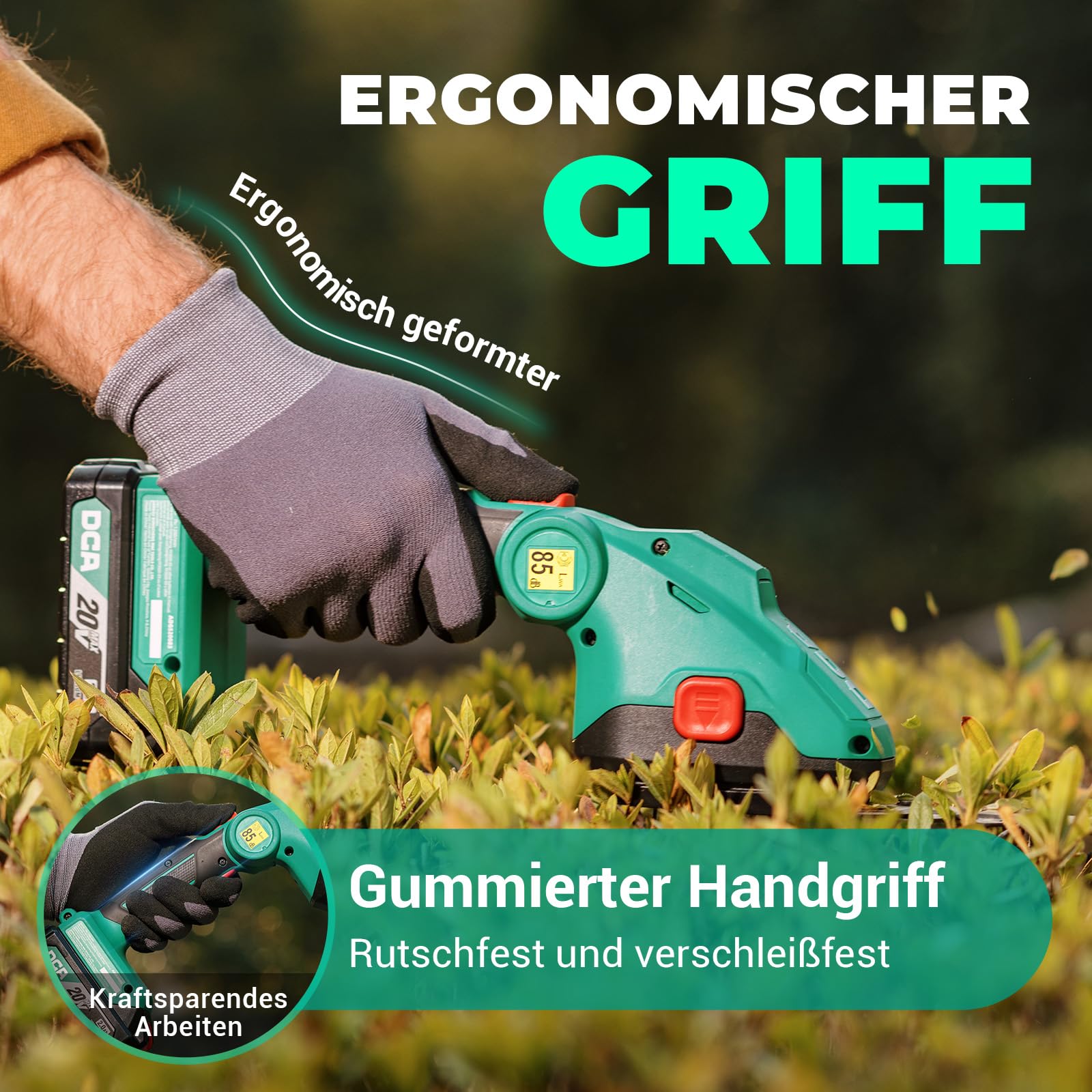 DCA 20V Akku Grasschere und Strauchschere 2-in-1 Rasenkantenschneider | 100mm Grasscherenblatt & 200mm Heckenscherenblatt, 2.0Ah Akku, 3-fach verstellbarer Schneidwinkel