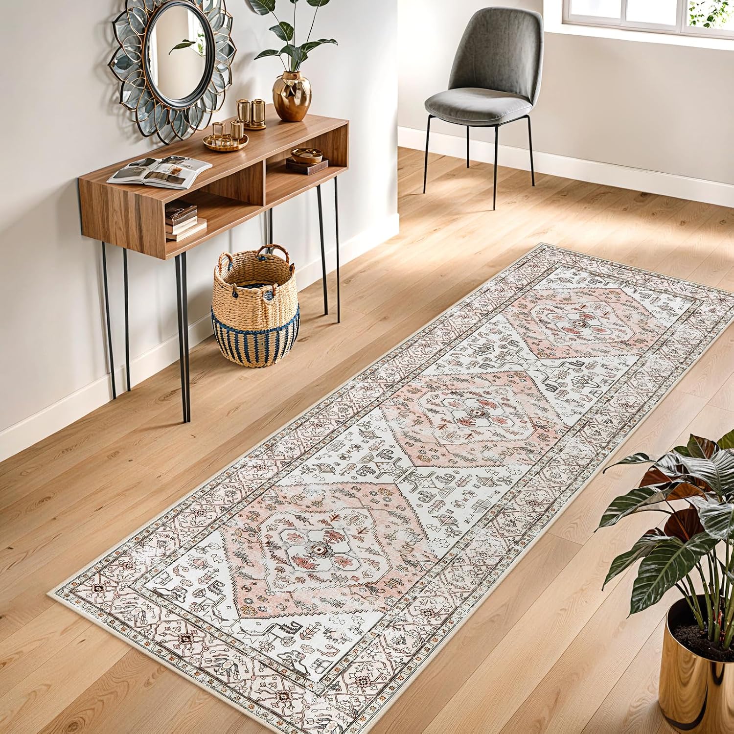 Lahome Boho Washable Non-Slip Pink Rug - Ultra-Thin Non-Shedding Bedroom Bathroom Carpet Runner for Hallway Entryway Adelyn (Pink, 2'x6')