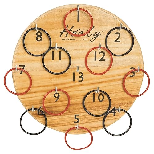 Miniatura 2 de S&S Worldwide Juego de lanzamiento de anillos Hooky. Objetivo grande de madera maciza de 12 pulgadas con 13 ganchos, más 12 anillos de goma e
