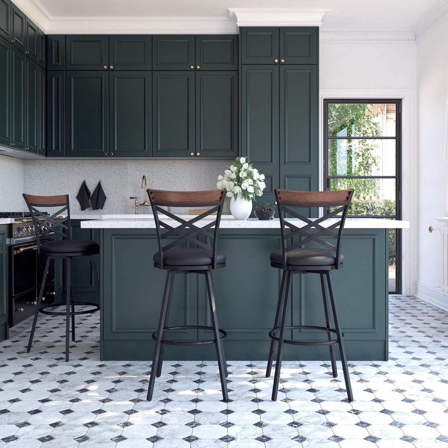 DHP Niam Upholstered Seat Swivel Black PU, Set of 3 Barstool