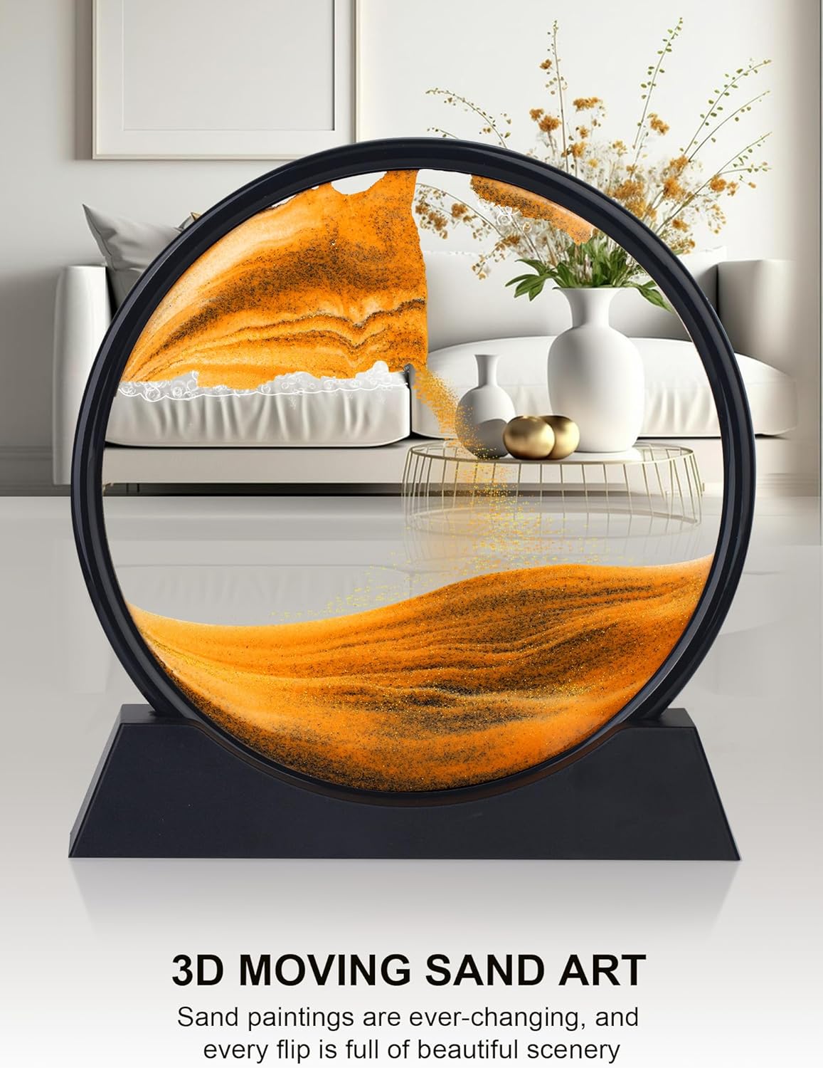 M MYECOGO 3D Moving Sand Art Picture Round Glass Wall Mount Deep Sea Moving Sand Art Liquid Motion Kids Gift, Flowing Sand Art Bookshelves Home Office Decoration Christmas Gifts (7 inch, Yellow)