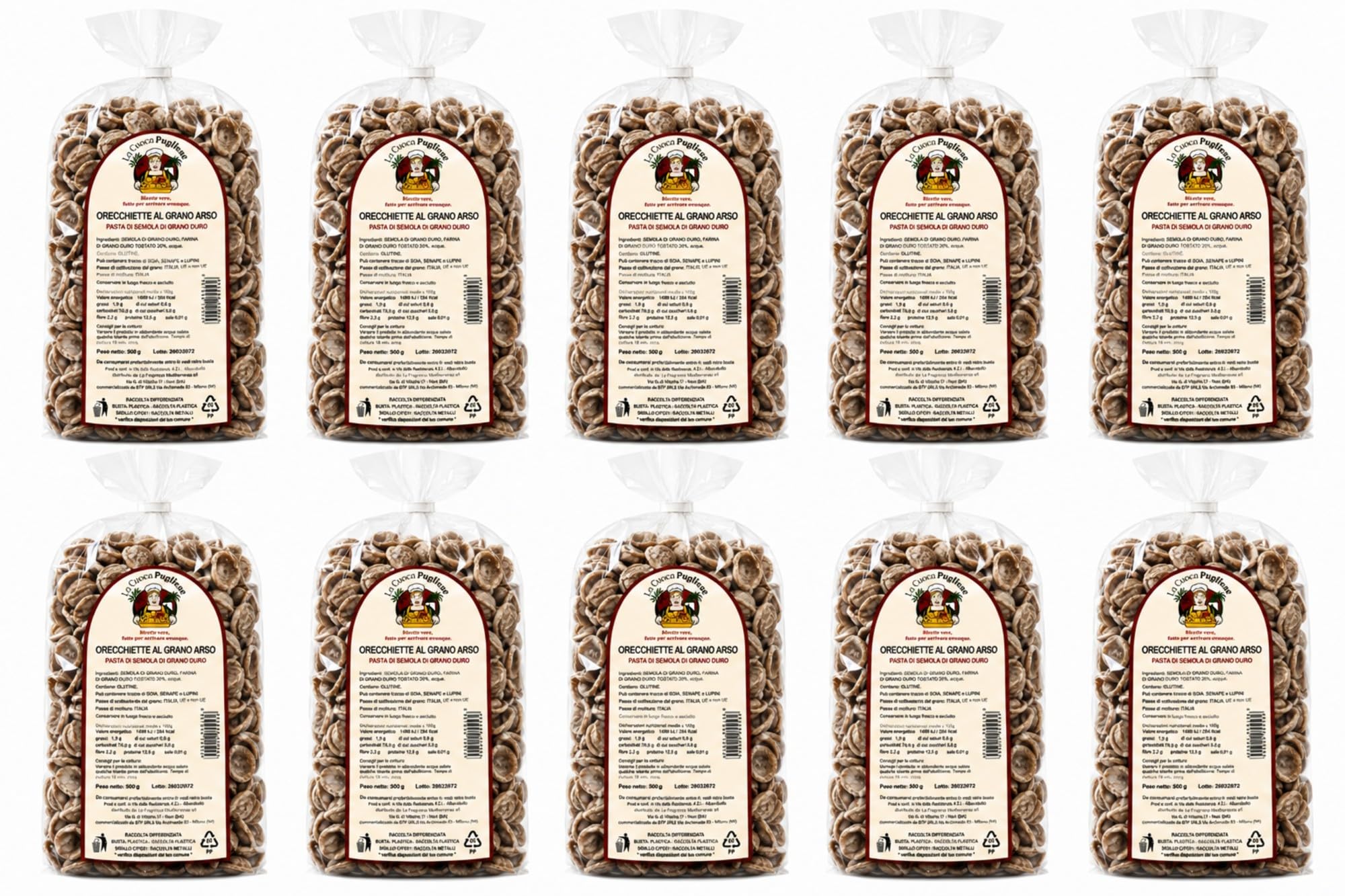 La Cuoca Pugliese - Orecchiette al Grano Arso, produzione artigianale pugliese, confezione da 10 pacchi x 500 g, pasta italiana