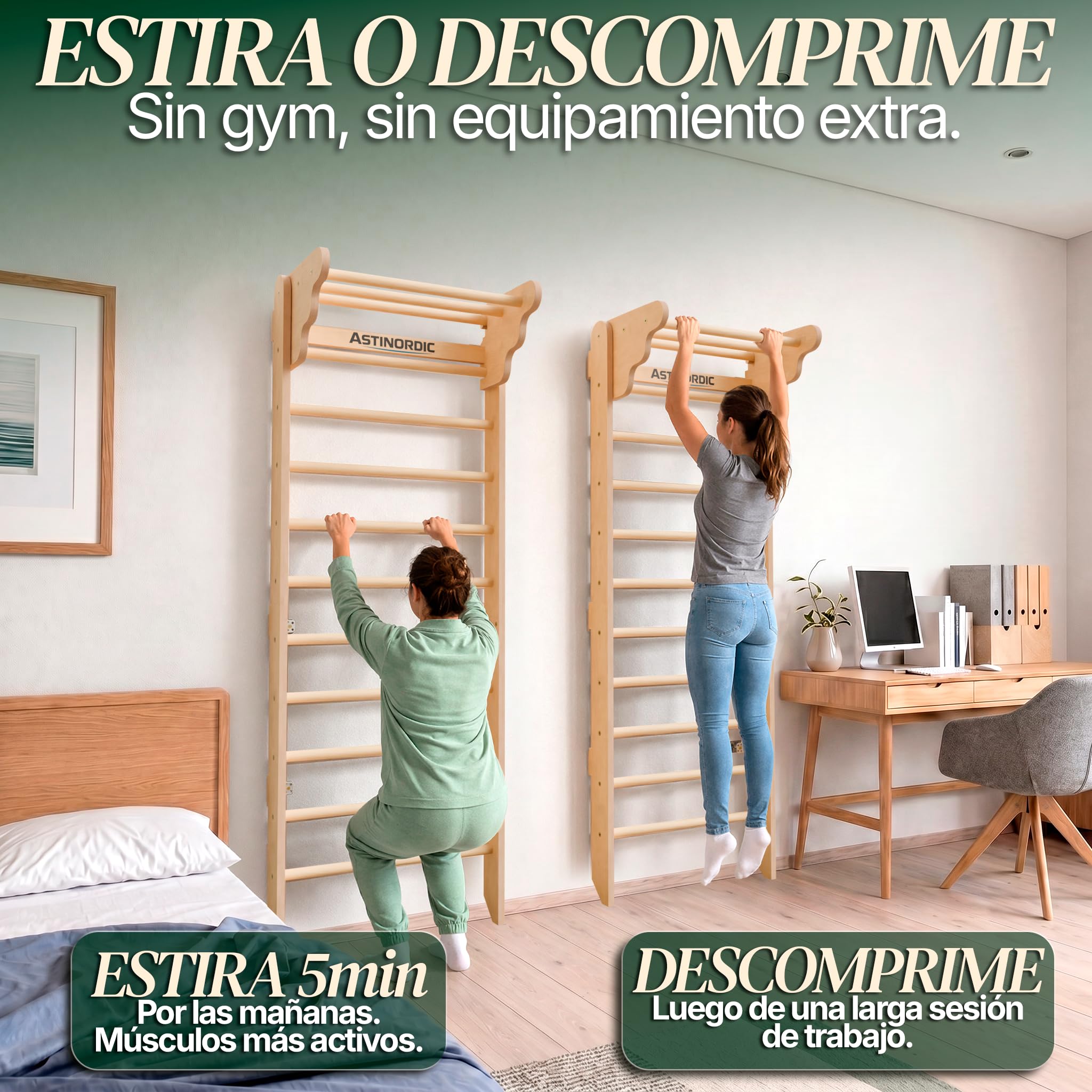 Espaldera Gimnasio Casa con Barra de Dominadas | Escalera Sueca Madera | Soporta hasta 150 kg | Montaje Fácil, Todo Incluido