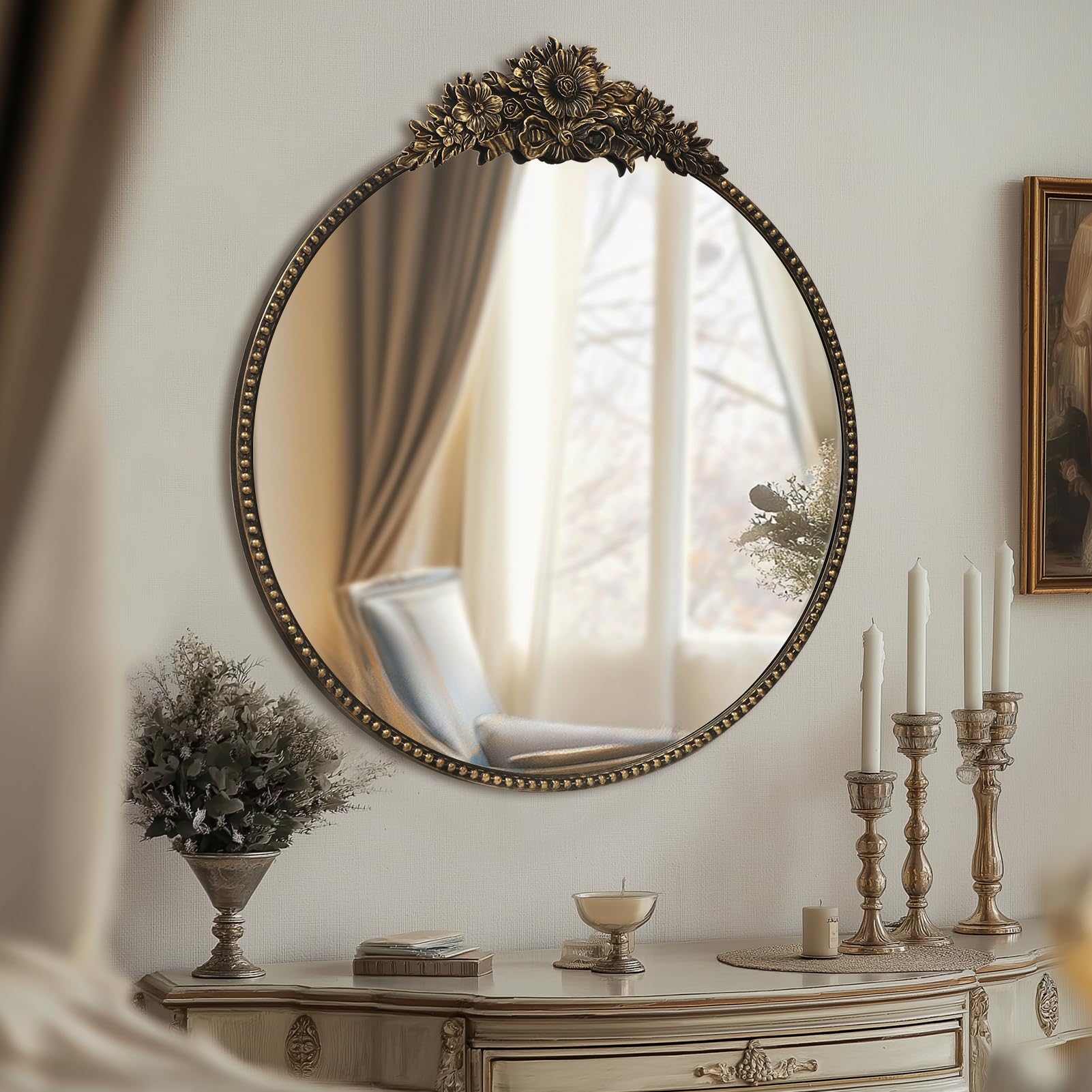 Wall Mirror Window Decorative Traditional Vintage Ornate Baroque Mirrors Antique Arched Farmhouse Living Room Bedroom Entryway Bathroom Vanity 19 27