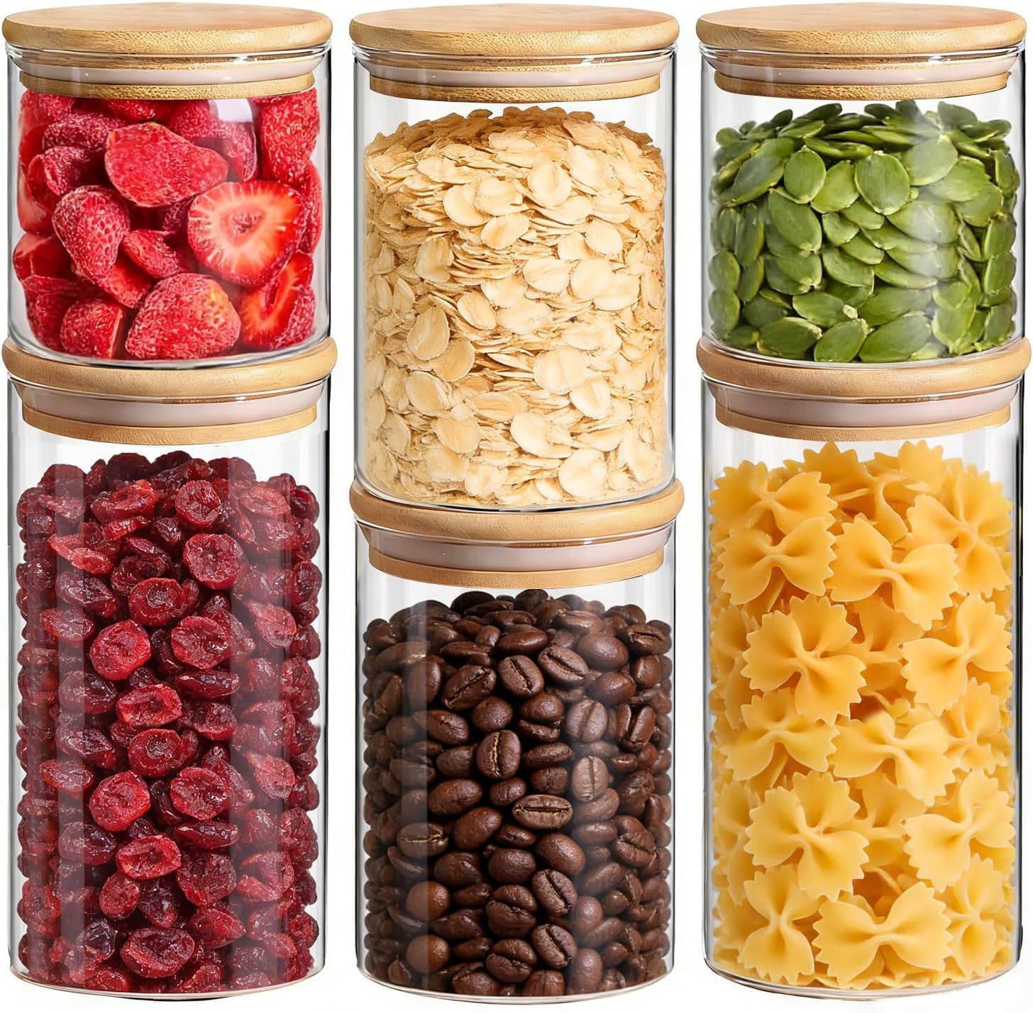 ComSaf 6 Pack Round Glass Storage Jars with Bamboo Lids, Borosilicate Canisters Set 600ml 950ml 1.4L for Pantry Organisation, Dry Food, Coffee, Tea, Sugar, Pasta, Cereal, Flour – Kitchen Containers