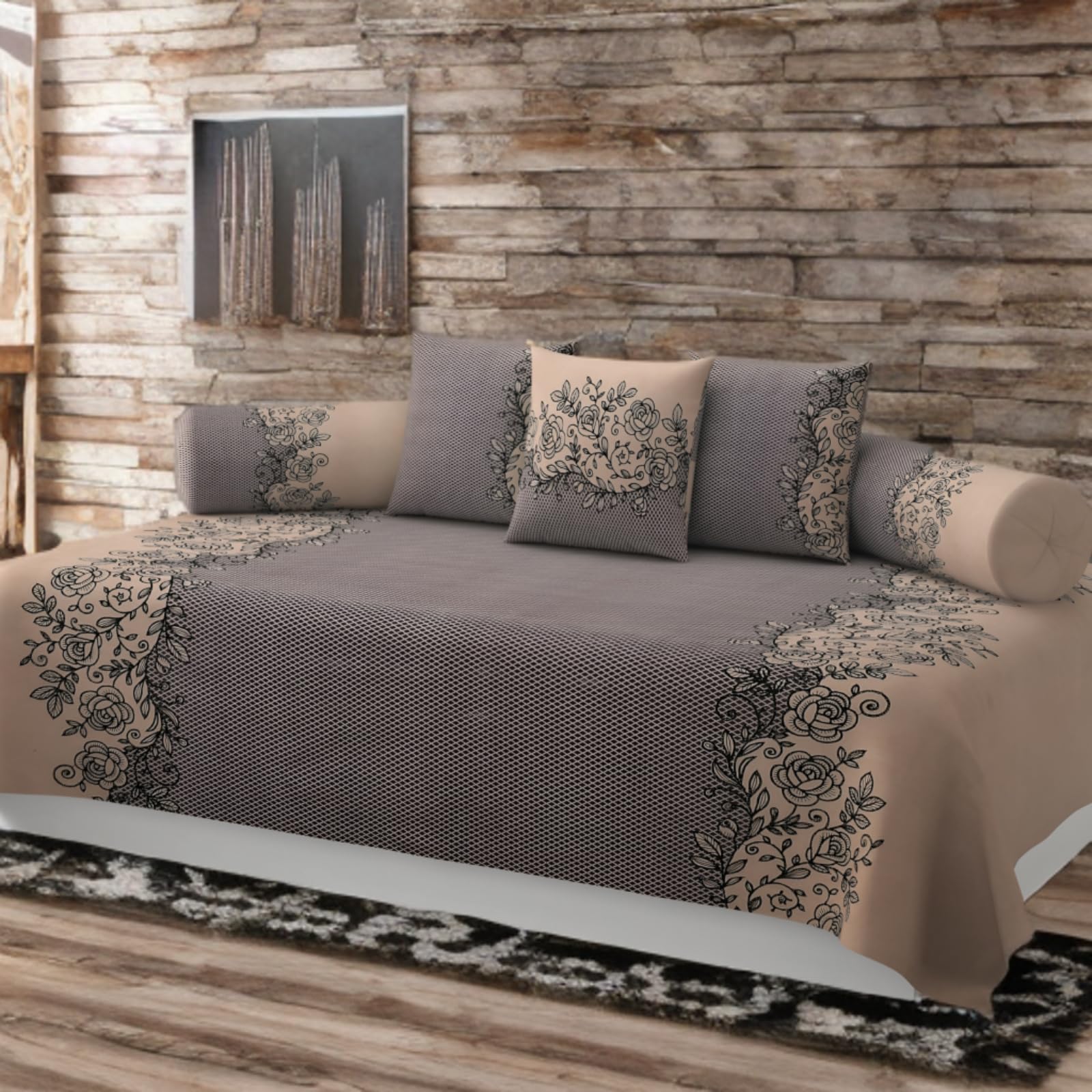 280 TC Cotton Blended Printed Diwan Cover Set with 2 Bolster Covers and 3 Cushion Covers (Pack of 6)| Glace Cotton Diwan Bedsheet Set Brown and Beige Color 4