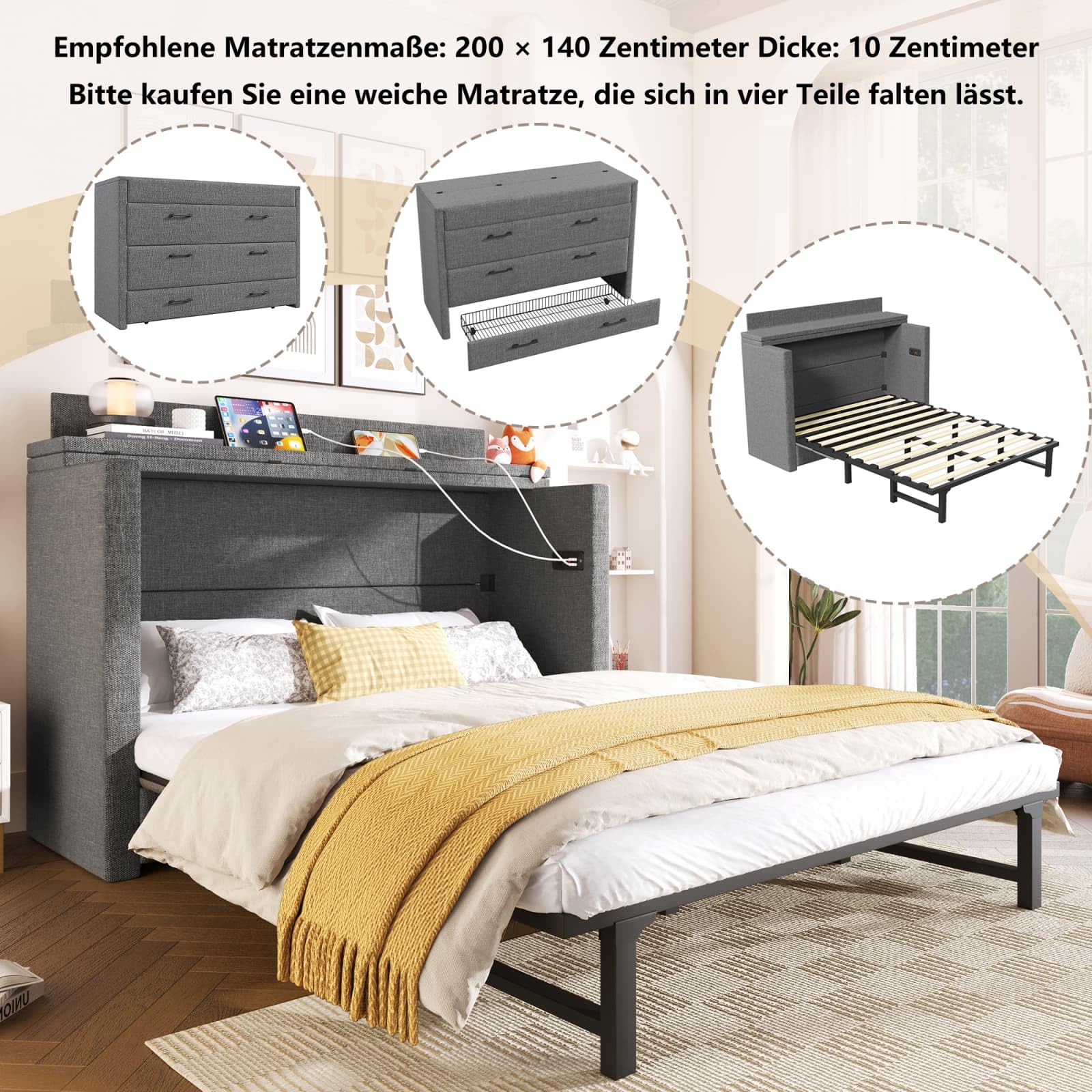 KOMHTOM Lit Escamotable en Lin avec Ports USB et Type-C, Lit Plateforme Convertible avec Tiroirs de Rangement(sans Matelas)(140 x 200 Gris)