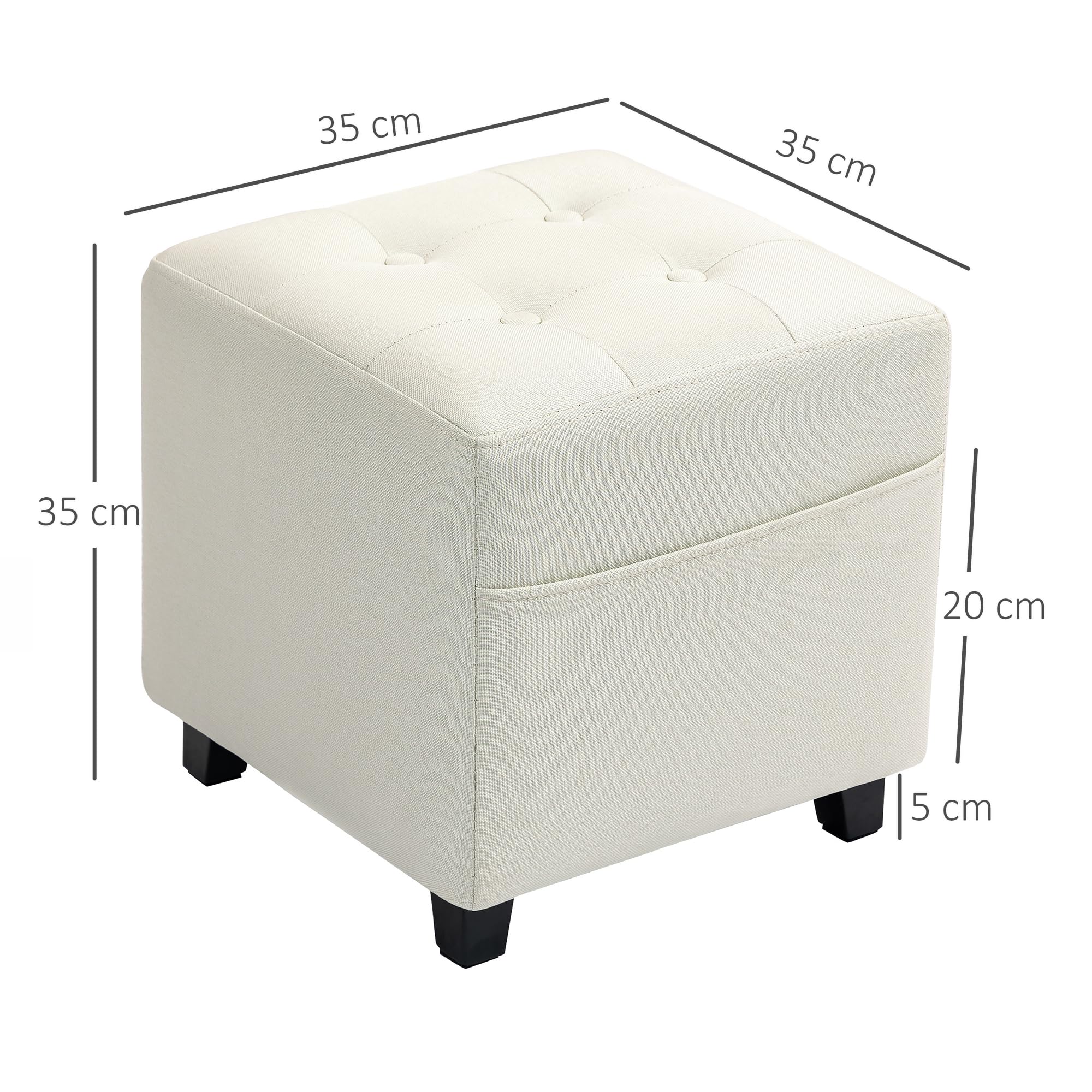 HOMCOM Reposapiés de Salón Taburete Bajo Tapizado en Lino Otomana Cuadrada con Bolsillo Lateral Tapa con Botones Acolchados y Marco de Madera para Sala de Estar Dormitorio Crema