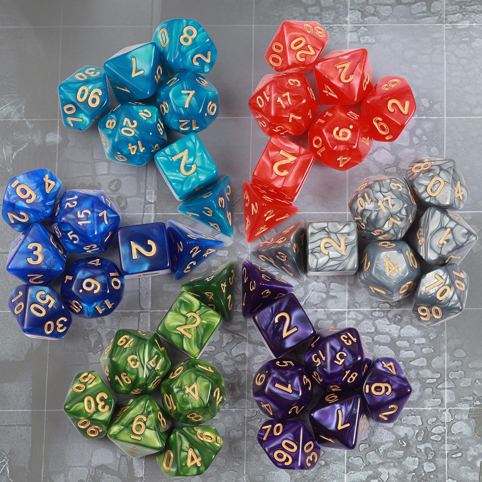 Zestaw kości wielościennych, 6 x 7 (42 sztuki) Kości DND z 6 woreczkami na rzep, do Dungeons and Dragons Pathfinder DND RPG MTG, 6 zestaw kości DND od D4 D6 D8 D10x2 D12 D20