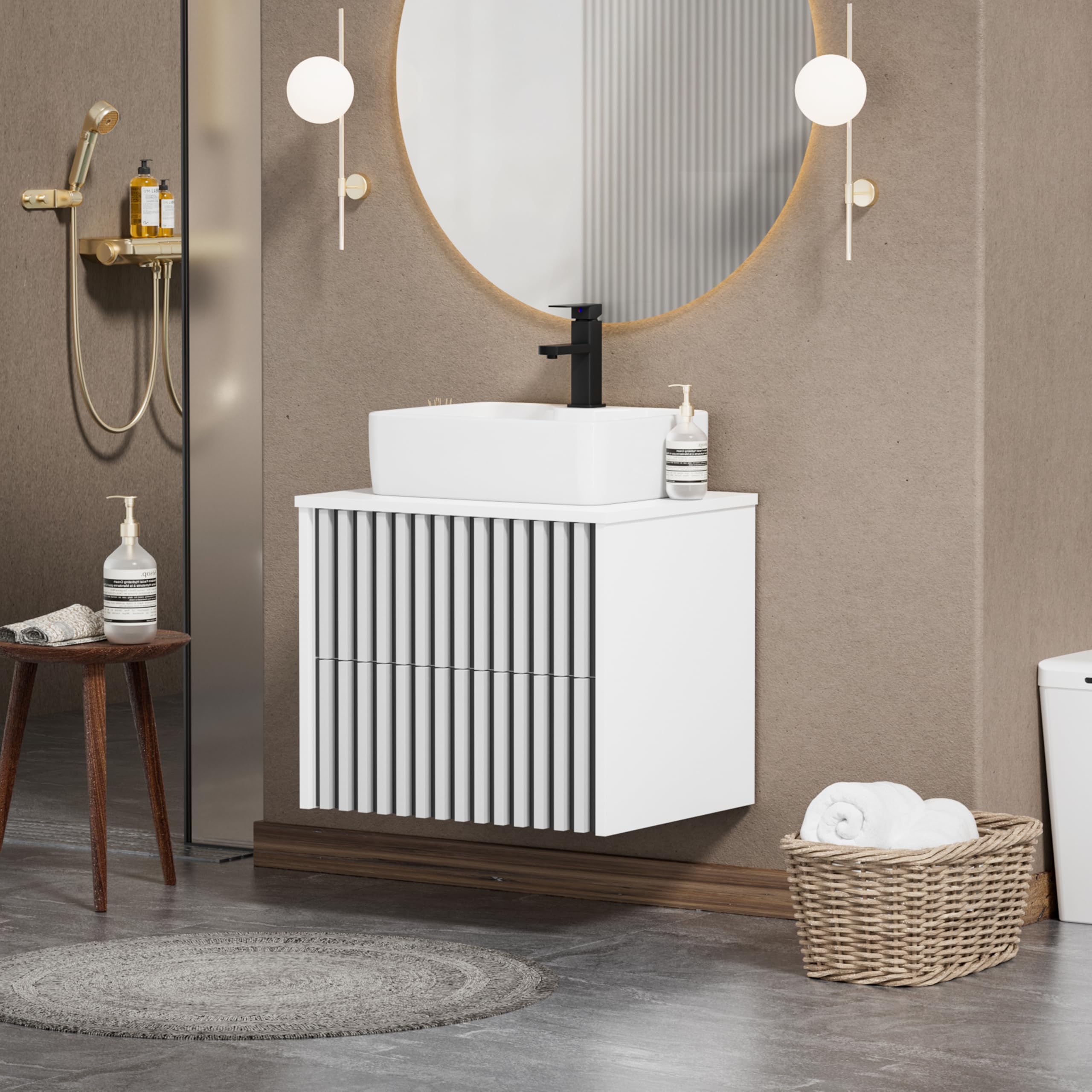 UEV Mobiletto Bagno 60CM con Lavabo in Ceramica, Mobile Bagno Sospeso Combina Eleganza e Funzionalità, Lavandino con Mobiletto da Parete, Bianco+Nero
