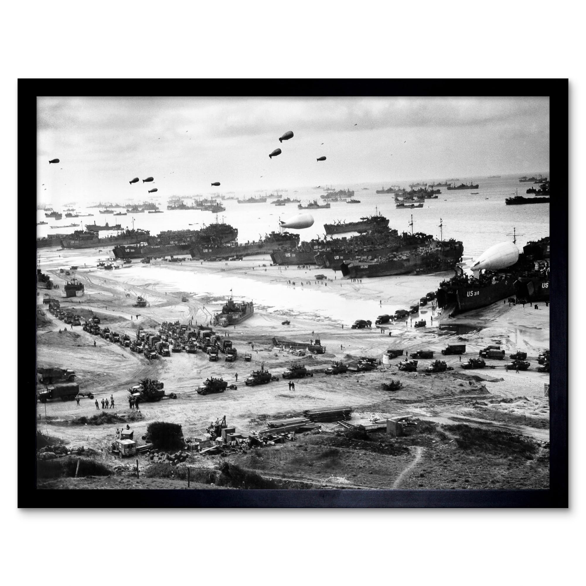 WWII War Us Landing Ships Omaha Beach D-day 1944 Photo Art Print Framed Poster Wall Decor 12x16 inch