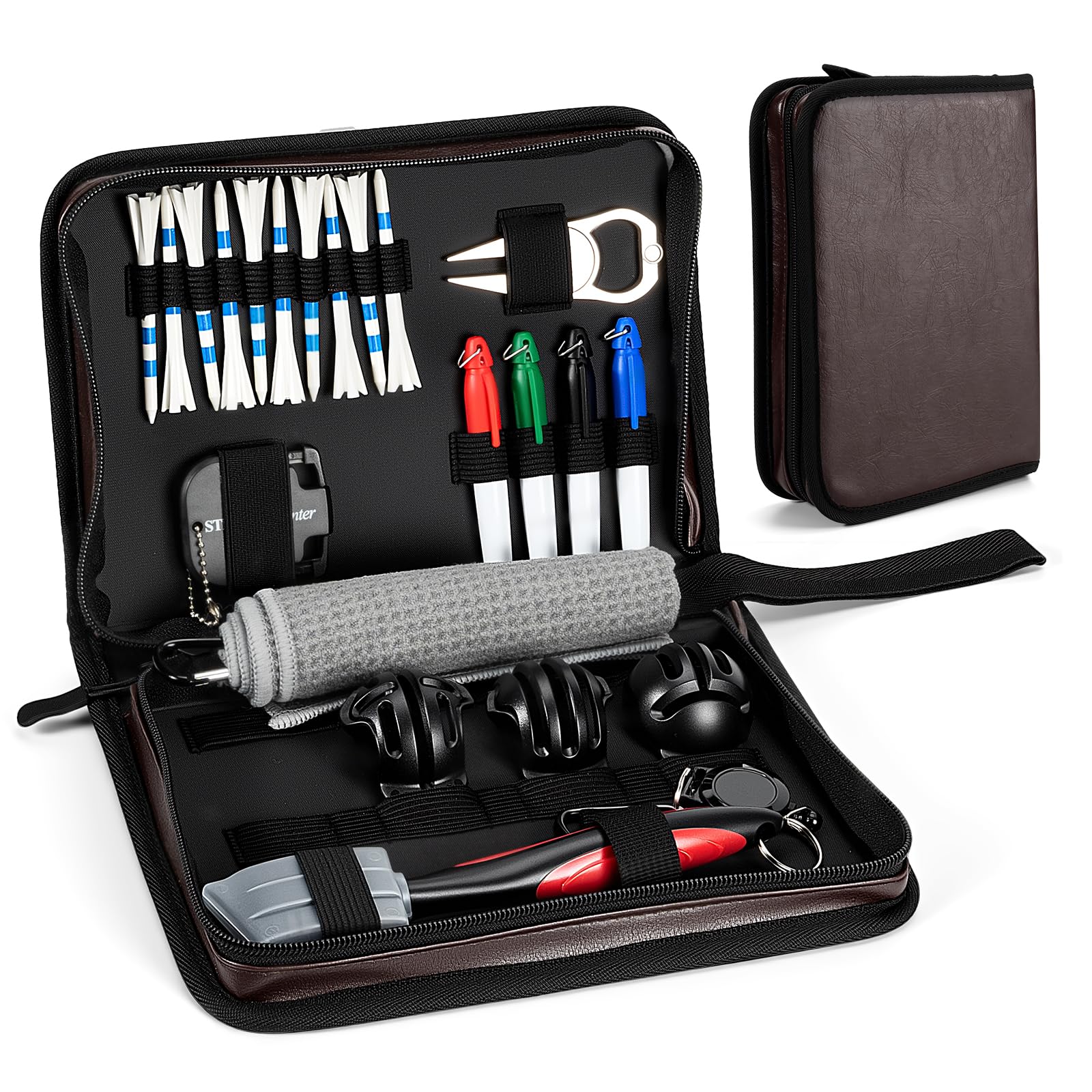 chfine Golf Accessories Kit, Golf Essentials Kit with Carrying Case, Divot Repair Tool, Ball Marker Stencils, Score Counter, Golf Club Brush & Towel & Tees, Golf Gifts for Men Women Golfer