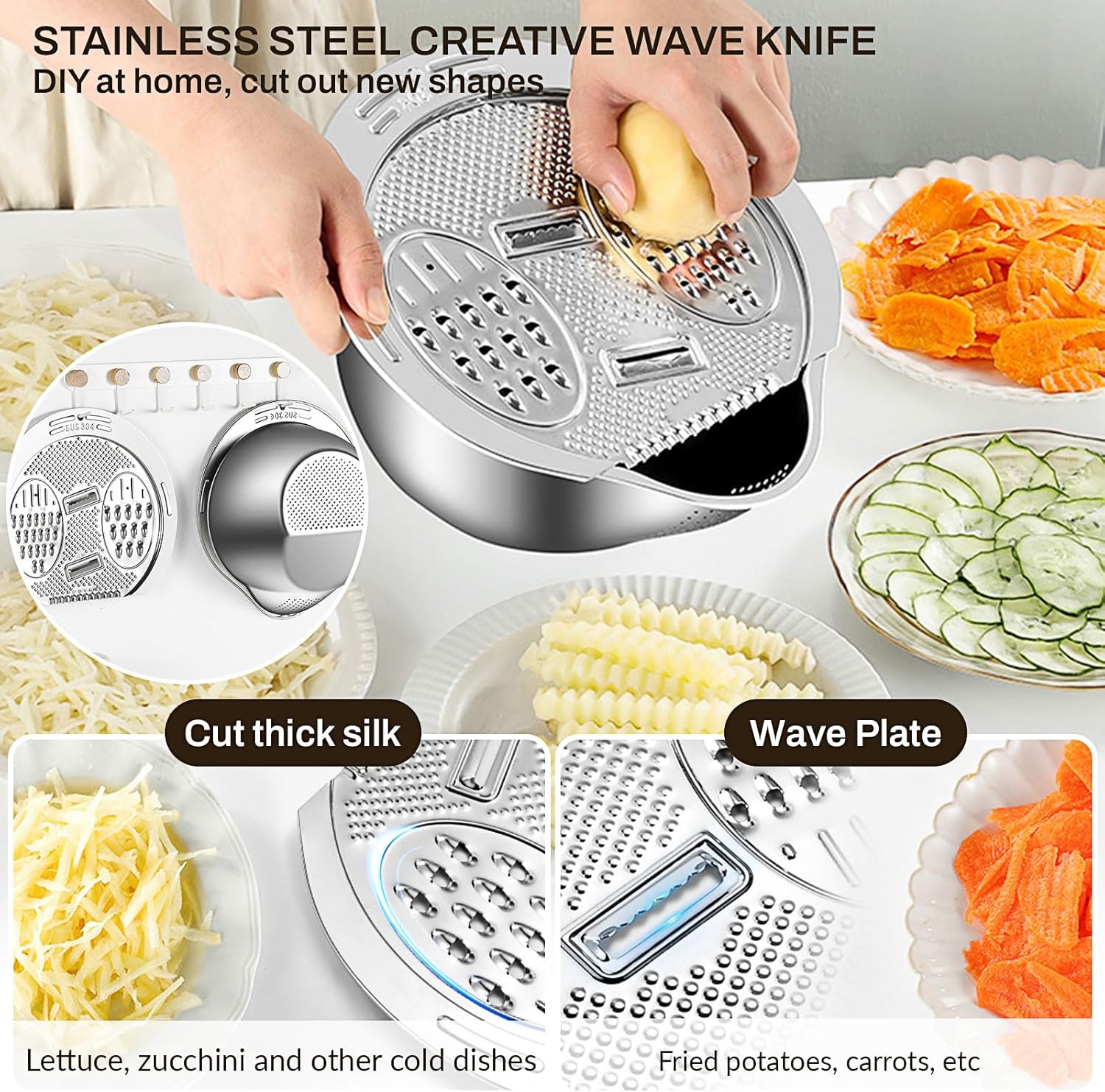 Stainless Steel Flat Grater for Fine, Medium and Coarse Grate, and Slicing, Vegetable Cheese Grater with Rice Washer Strainer Bowl, Dishwasher Safe (Grater with Strainer Bowl)