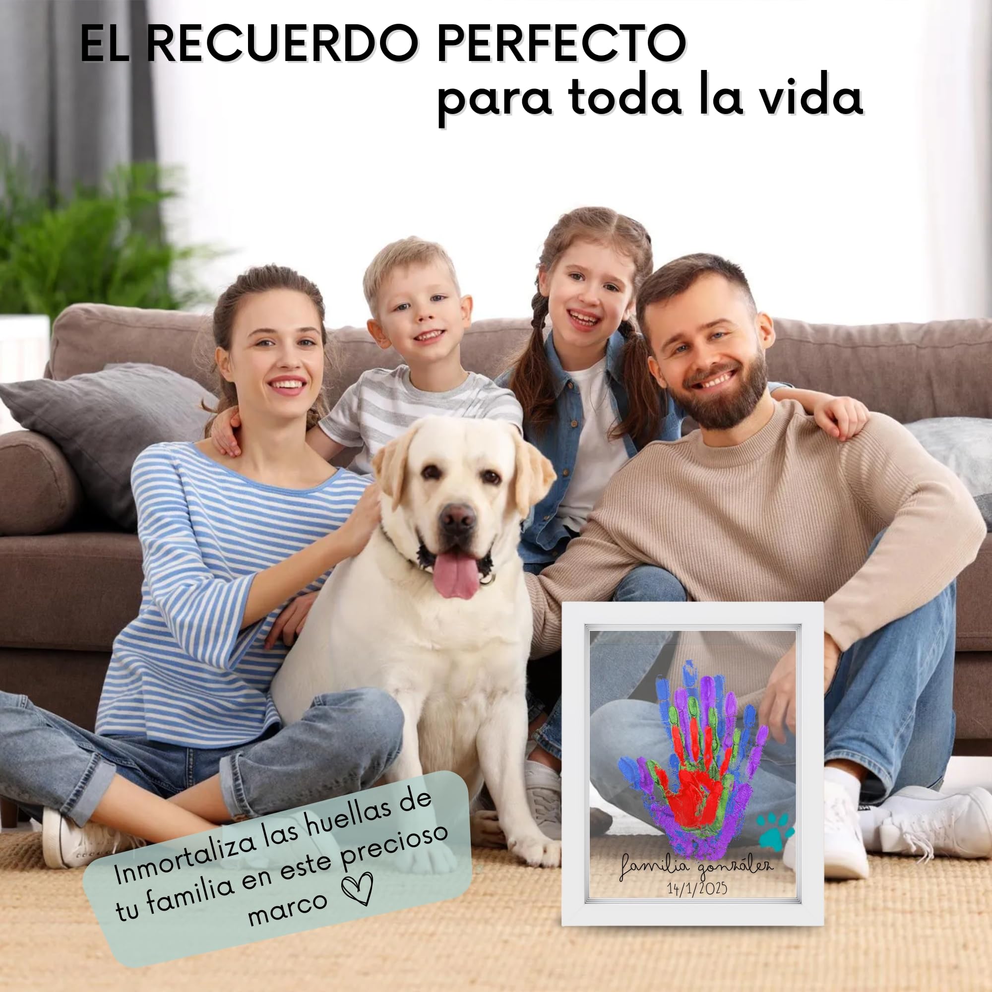 HuBorns – Kit huellas familia con pinturas, marco huellas bebé recién nacido, regalo familiar original, recuerdo padres e hijos y decoración hogar - 3