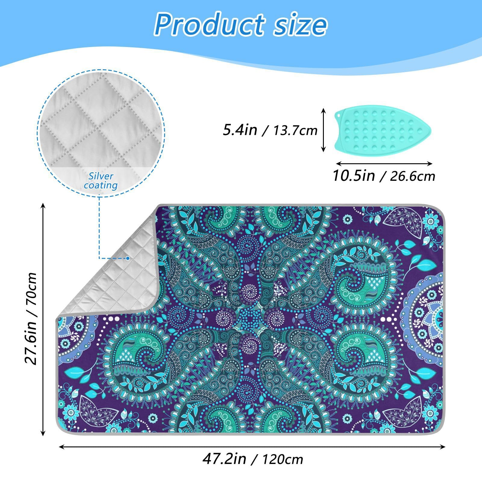 Ironing Mat &Pad Heat Resistant Pads Portable Travel Ironing Blanket Ironing Board Covers 27.6x47.2Inches Paisley Blue
