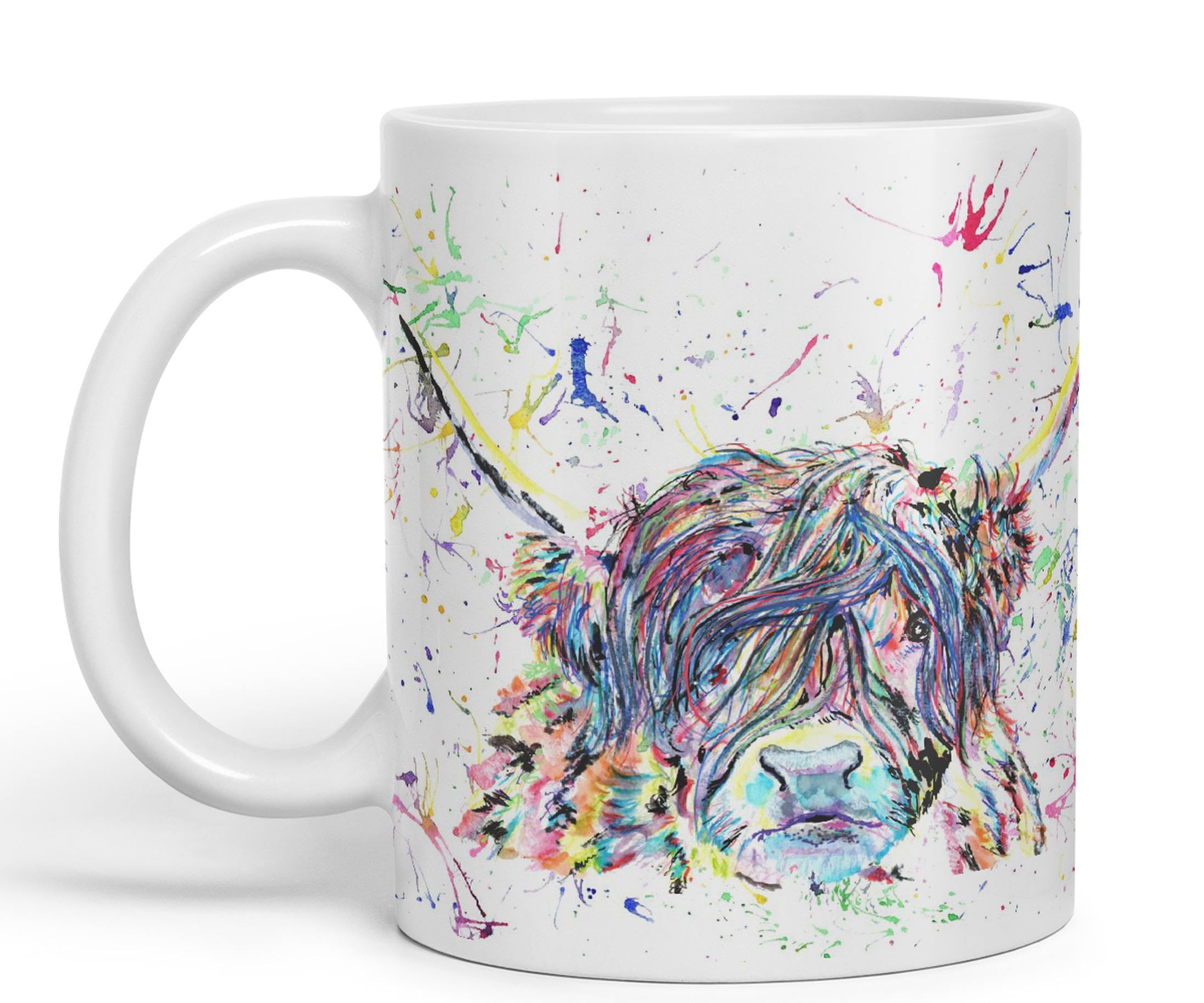 Vixar White Highland Cow Scottish Farm Animal Watercolour Rainbow Art Coloured Mug Cup, Gift, Birthday, Work, Office, Christmas Tea Coffee (White)