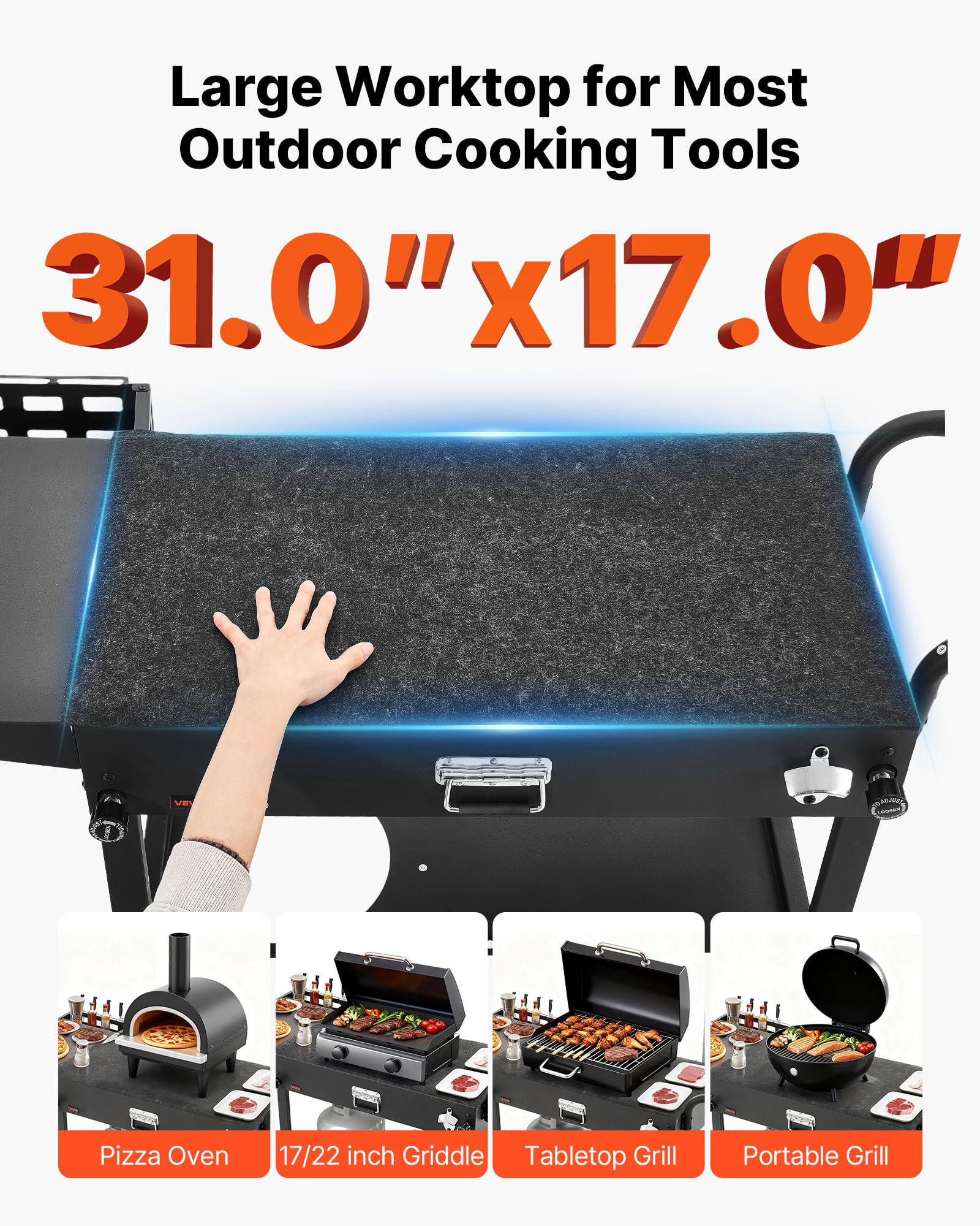 VEVOR Desserte de Jardin pour Plancha Pliable, Chariot de Barbecue Plan de Travail 78,7x43,2 cm, pour Préparation de Cuisine BBQ Extérieur, avec Porte-essuie-Tout, Crochets et Tablette Latérale