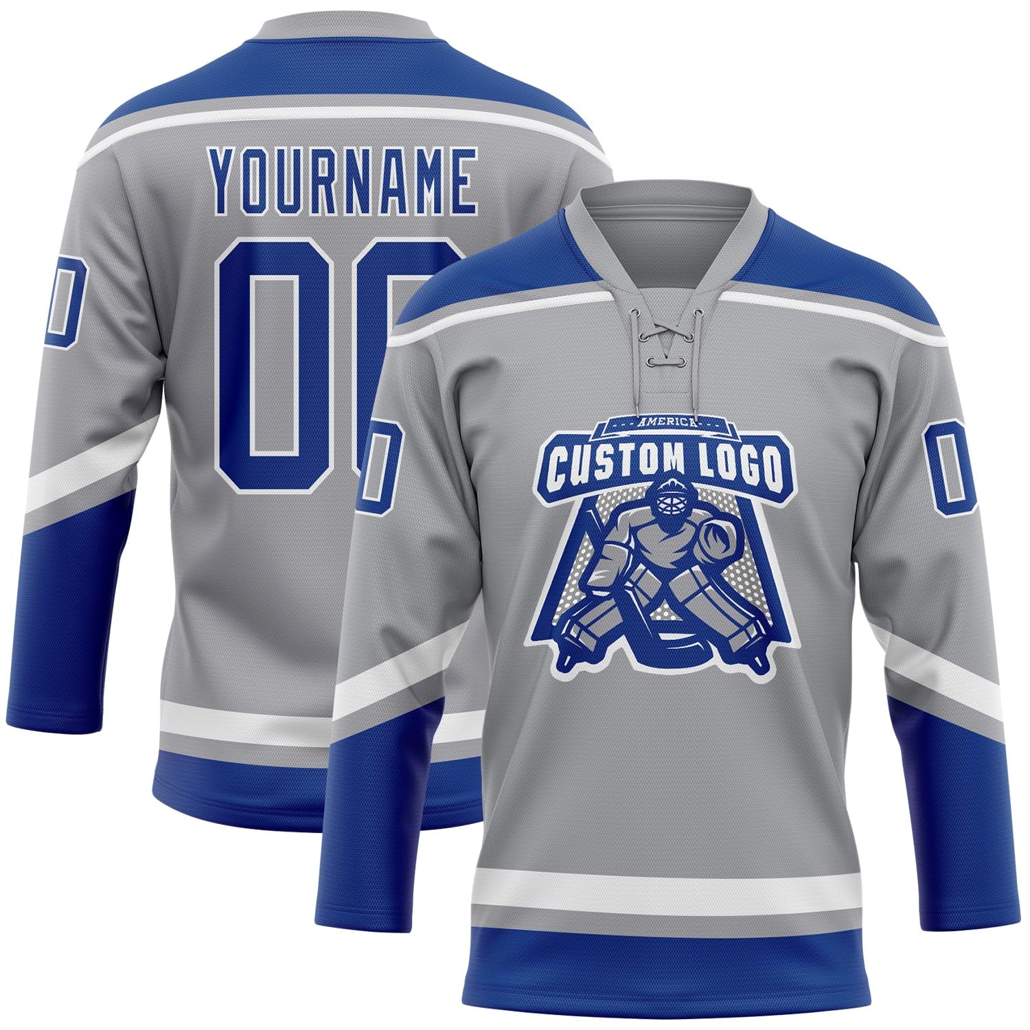 Custom Gray Royal-White Hockey Lace Neck Jersey, Mens Hockey Jersey, Hockey Jerseys, Practice Hockey Jersey, Hockey Jerseys, Hockey Team Jerseys for Men, Hockey Jerseys for Men, Hockey Jersey
