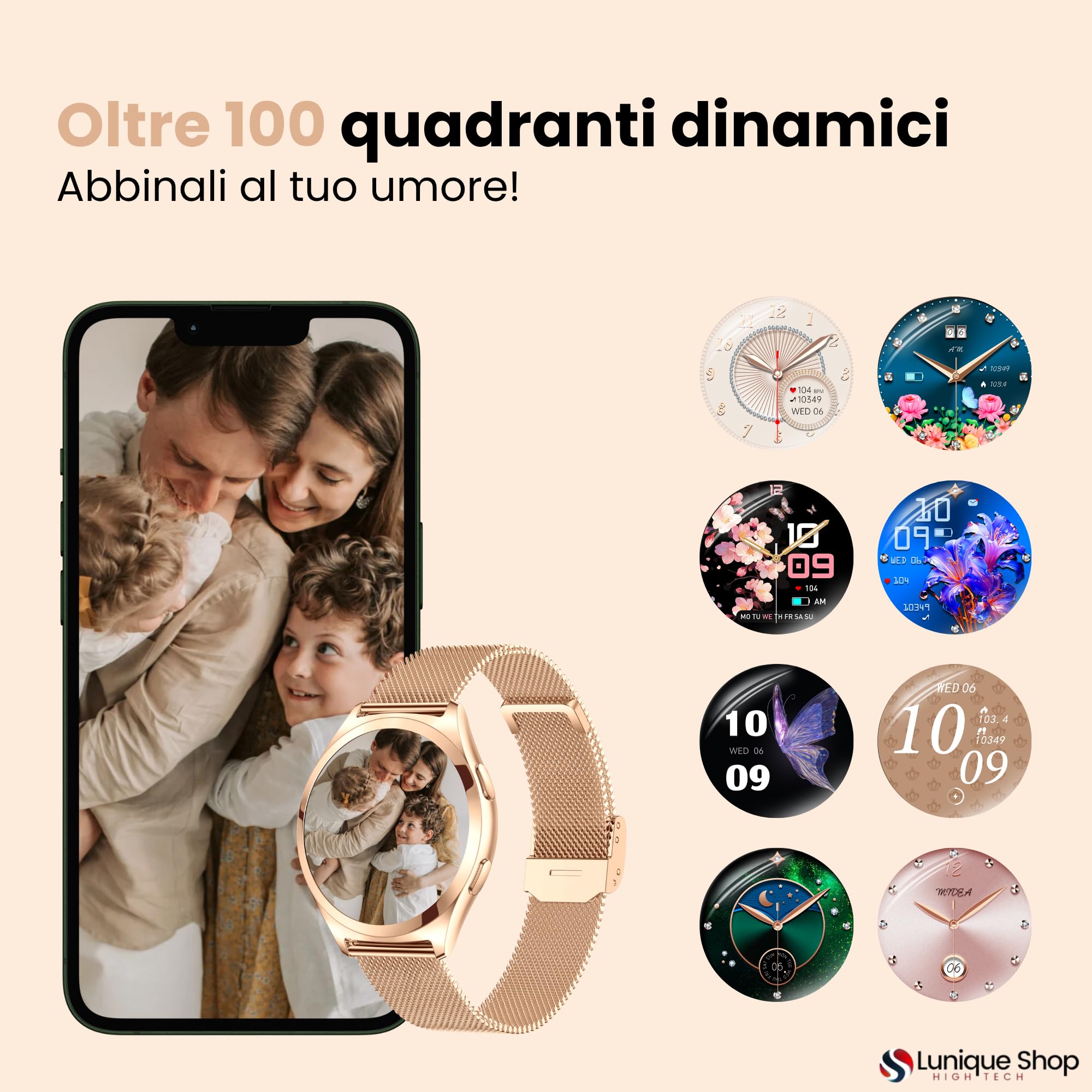 Orologio da donna con chiamate 1.6" – Smartwatch inteligente Oxygene Sanguin Tensione Cardiofrequenzimetro Passi Sonno Meteo Fisiologia Femminile iOS Android LSWATCH