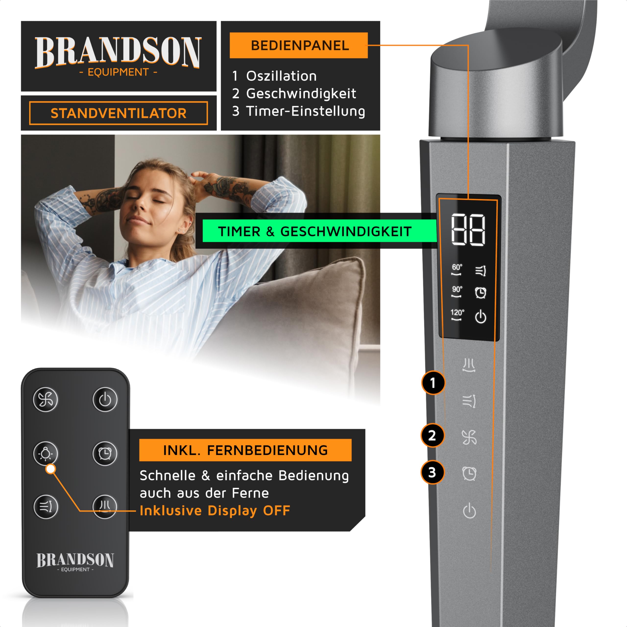 Brandson - 3D Standventilator mit DC Motor – ECO Design sehr leise – Sieger Ventilatoren und Luftkühler 2026-60% Energieeinsparung – 24 Geschwindigkeiten – horizontale und vertikale Oszillation