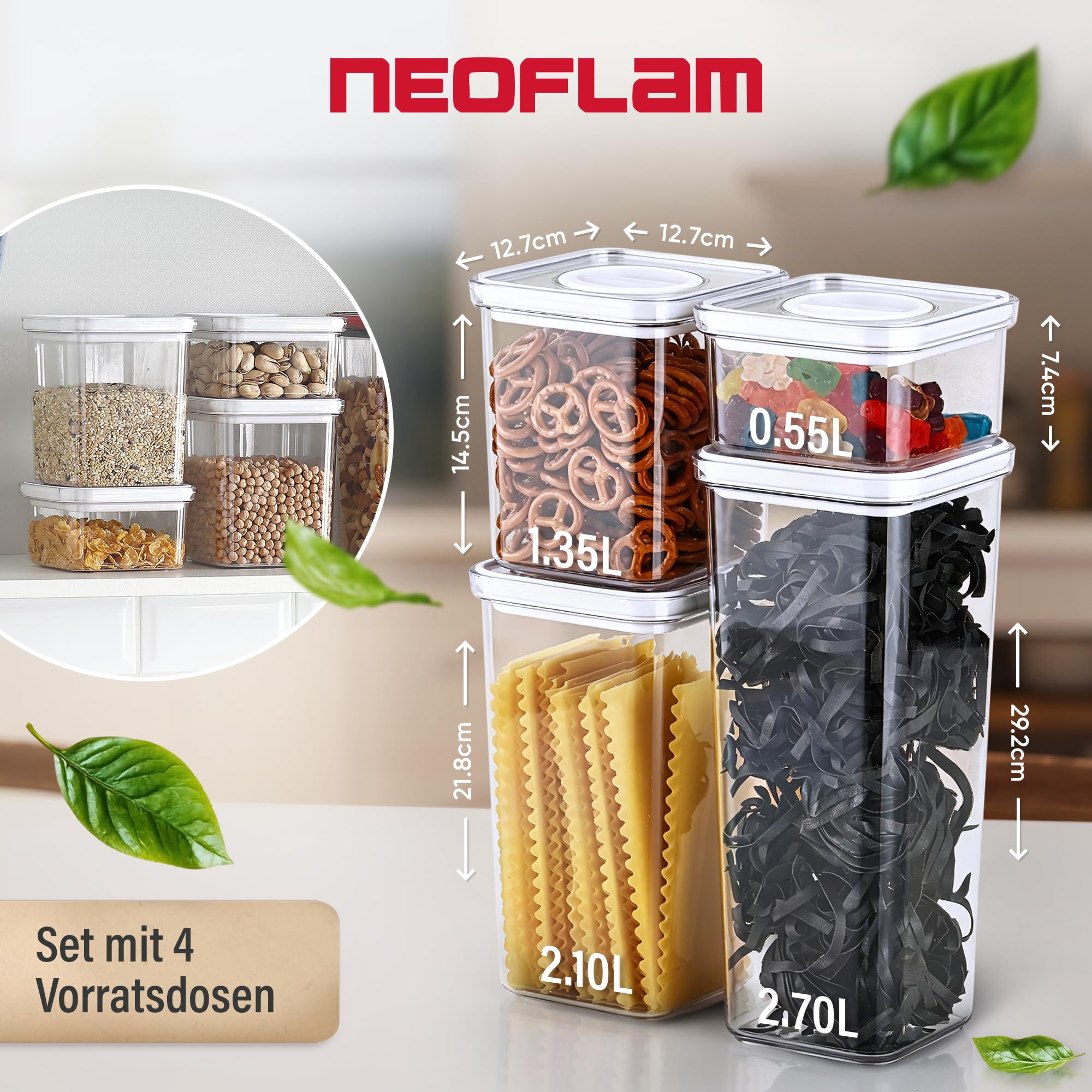 Neoflam® Set di 4 contenitori ermetici con coperchio e chiusura a vite con una sola mano, senza BPA, contenitori salvafreschezza per la conservazione degli alimenti, coperchio trasparente, ciascuno da