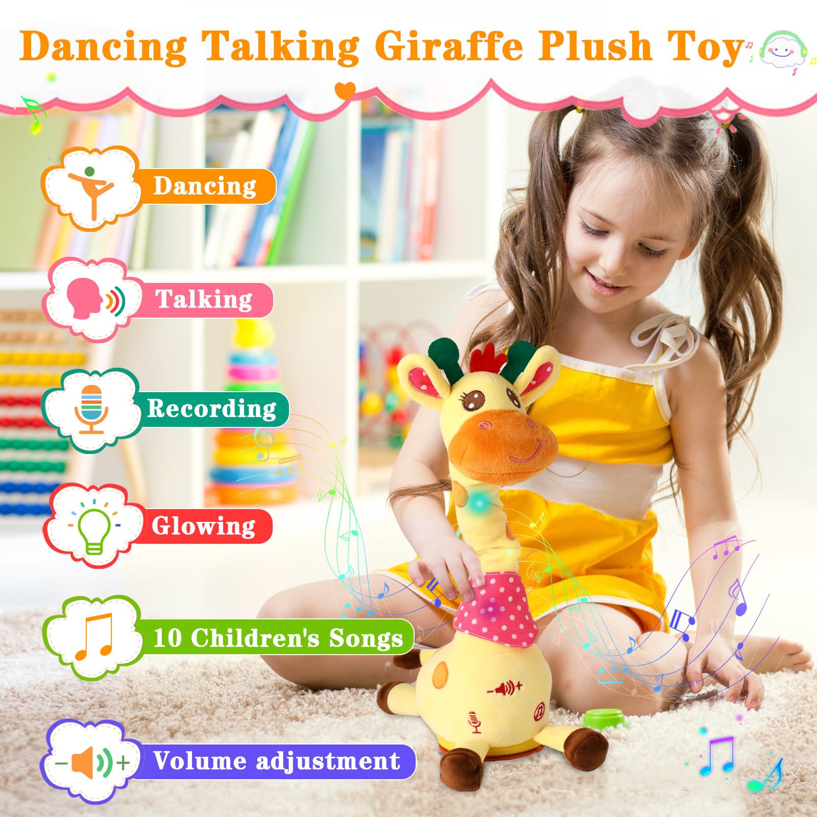 Dancing Talking Giraffe Toy, Stuffed Animal Baby Toy Repeating What You Say, Glowing Musical Giraffe with 10 Children's Songs Gifts for Toddlers 1-3 Years Old