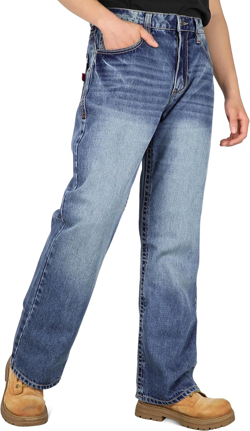 TICOMELA Men's FR Jeans–Midweight EX-Soft Flame Resistant Work Pants,Relaxed Fit Boot Cut,Vintage Washed Denim, NFPA2112 CAT2