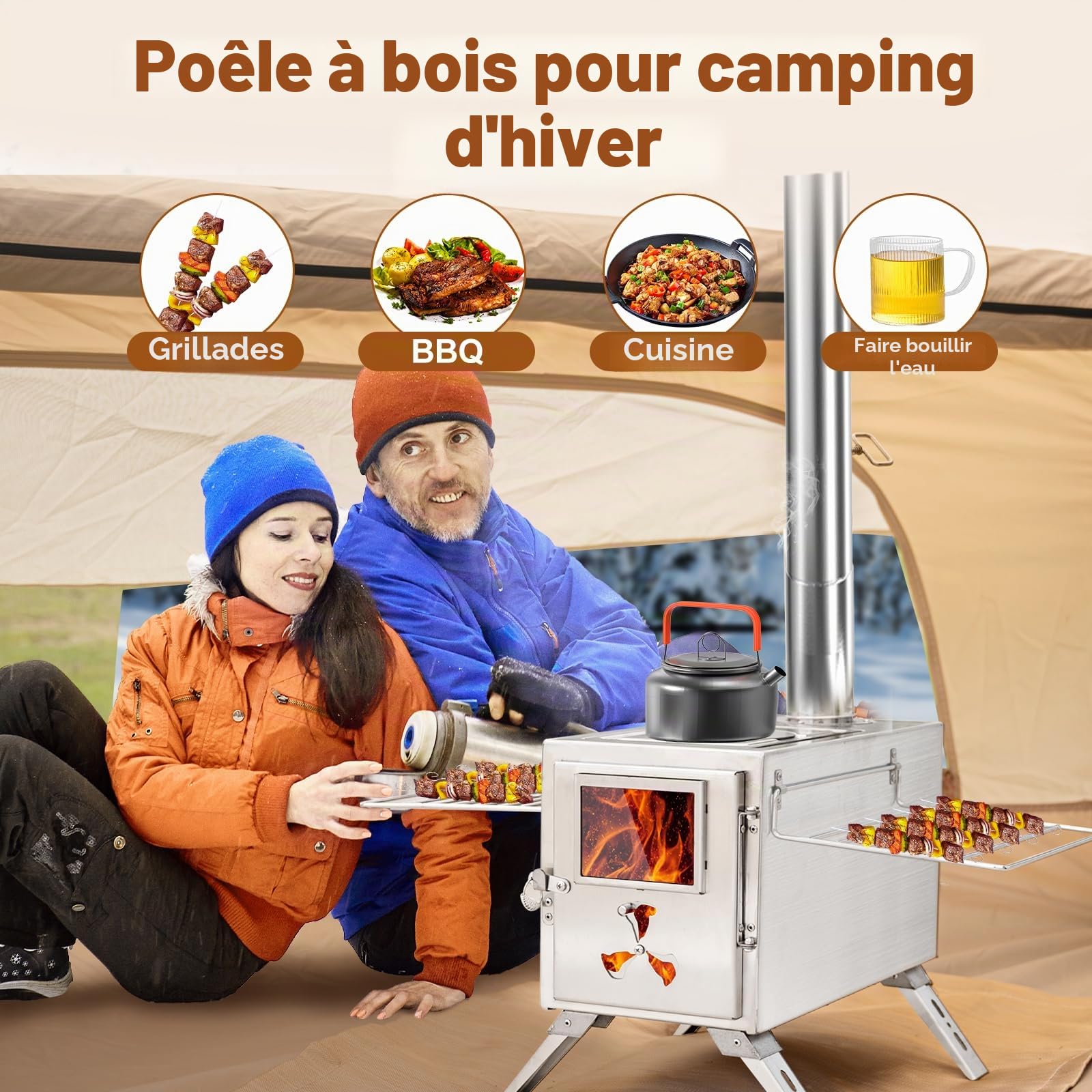 MOPHOTO Réchaud à bois de camping avec 7 tuyaux de cheminée en acier inoxydable et pare-étincelles, chauffage extérieur, cuisine, pêche sur glace, chasse (38 x 20 x 22 cm)