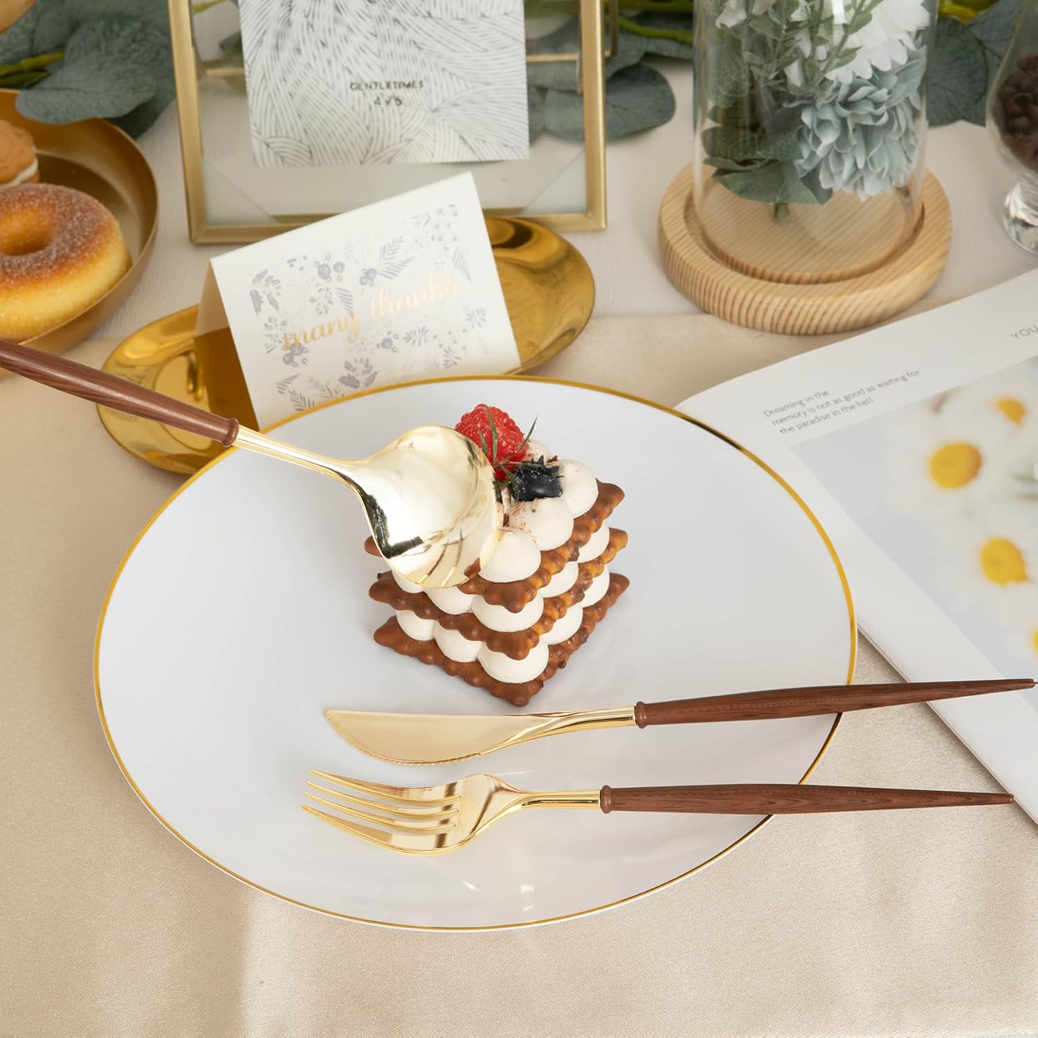 N9R 90Pcs Gold Plastic Silverware Heavy Duty, Elegant Disposable Plastic Silverware with Wood Grain Handle, Gold Plastic Cutlery Set Include 30 Forks, 30 Spoons, 30 Knives Perfect for Wedding, Party