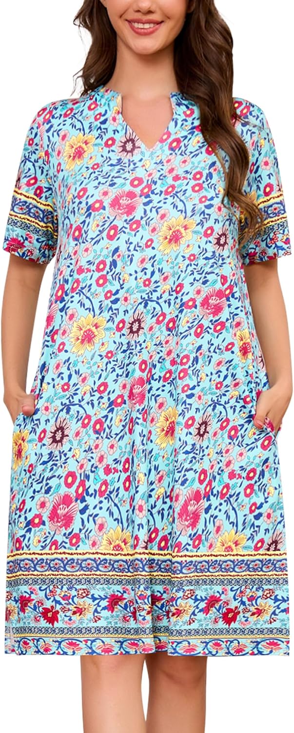 Womens Nightgown Short Sleeve House Dress with Pockets Floral Print Mumu Dress Casual Loose S-3XL
